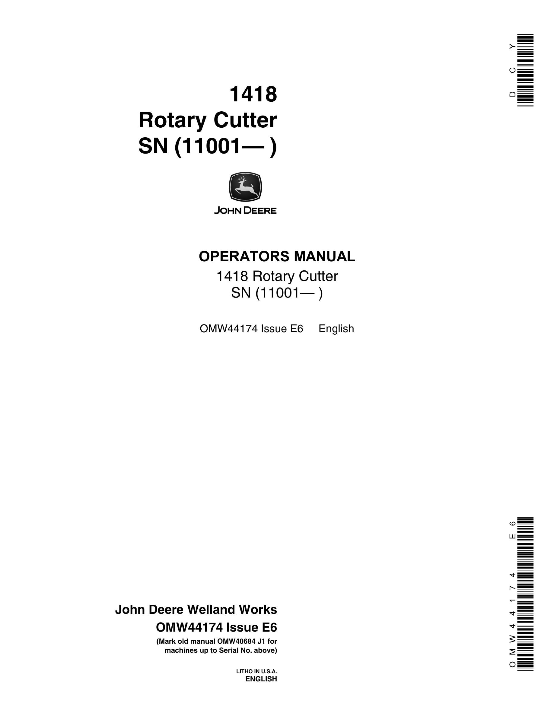 John Deere 1418 Rotary Cutter Operator Manual OMW44174-1