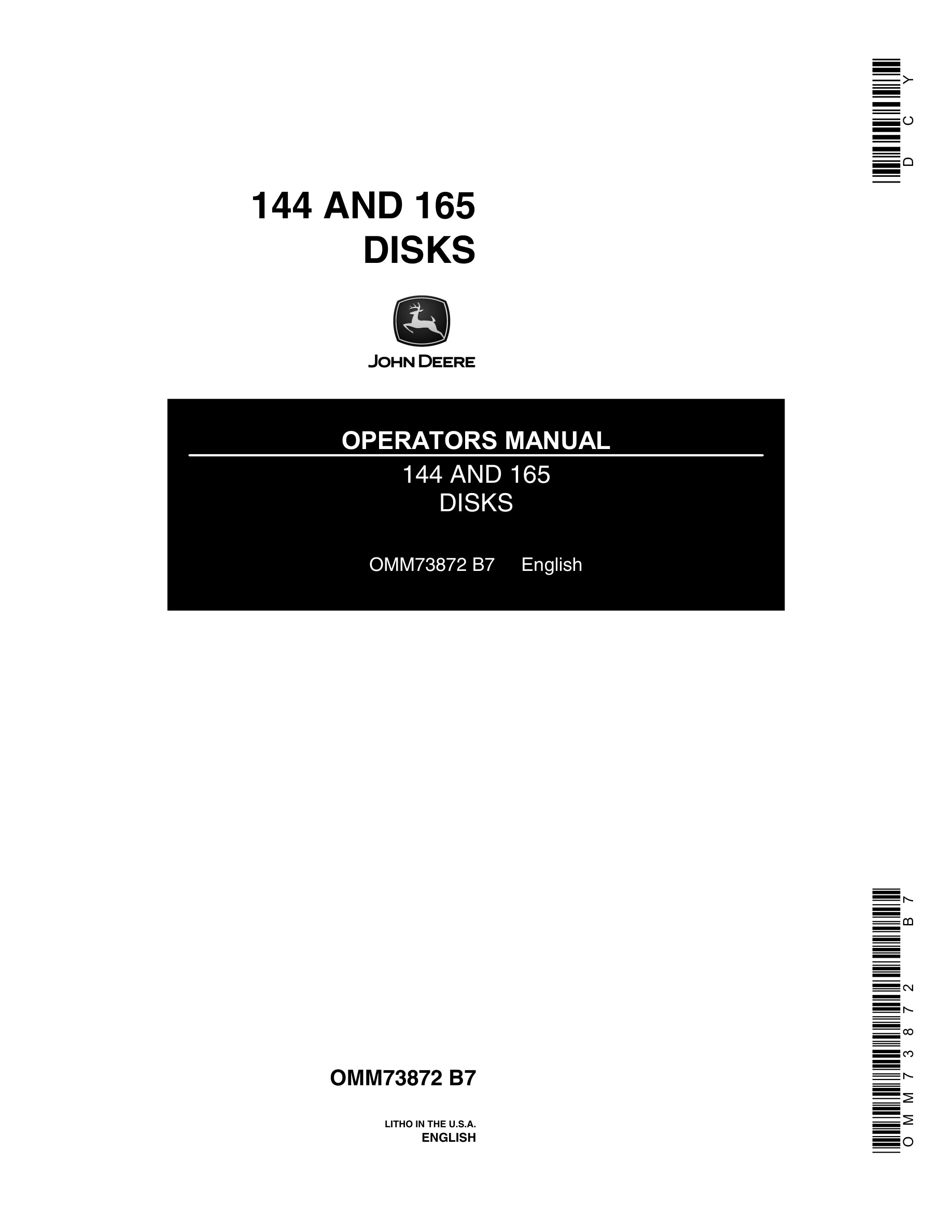 John Deere 144 AND 165 DISK Operator Manual OMM73872-1
