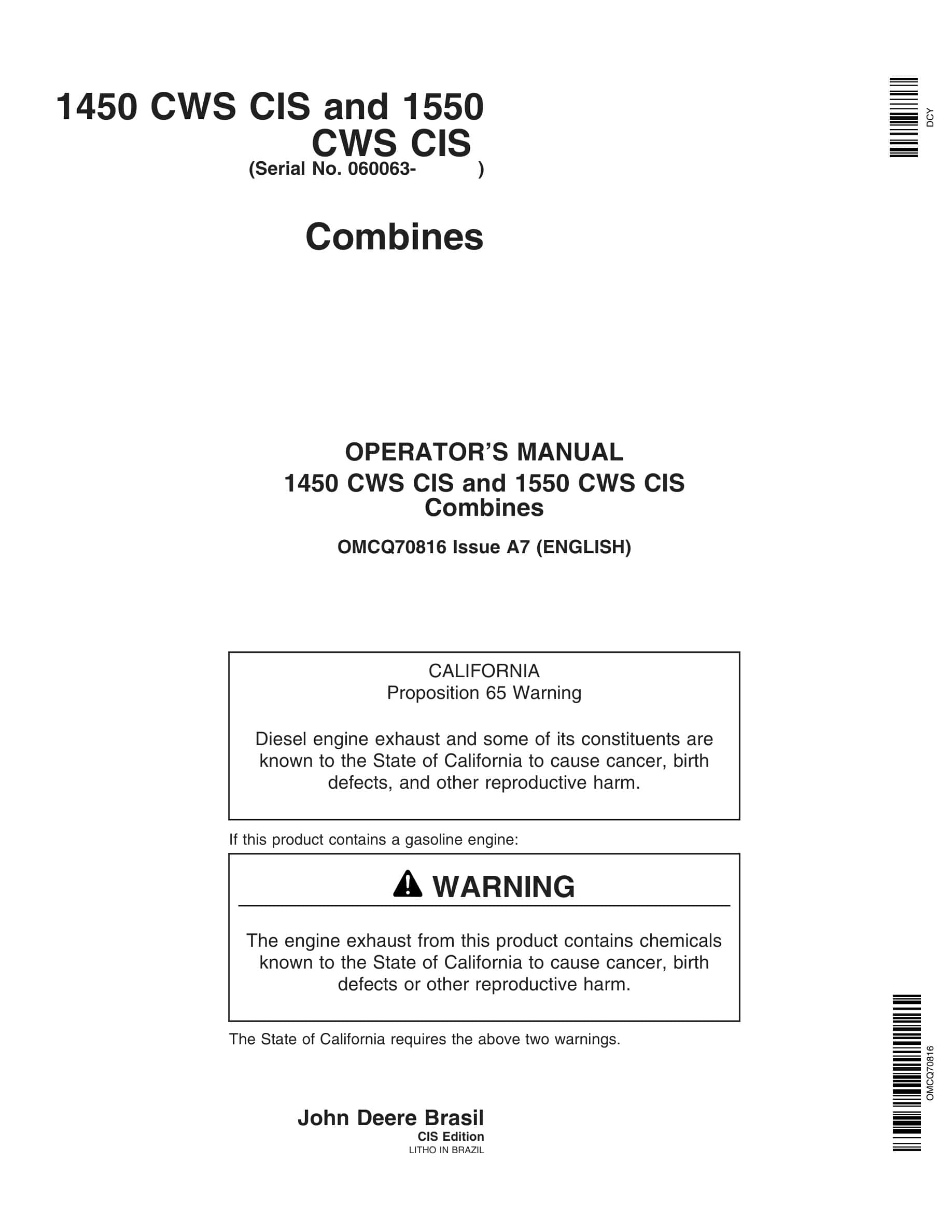 John Deere 1450 CWS CIS and 1550 CWS CIS Combine Operator Manual OMCQ70816-1
