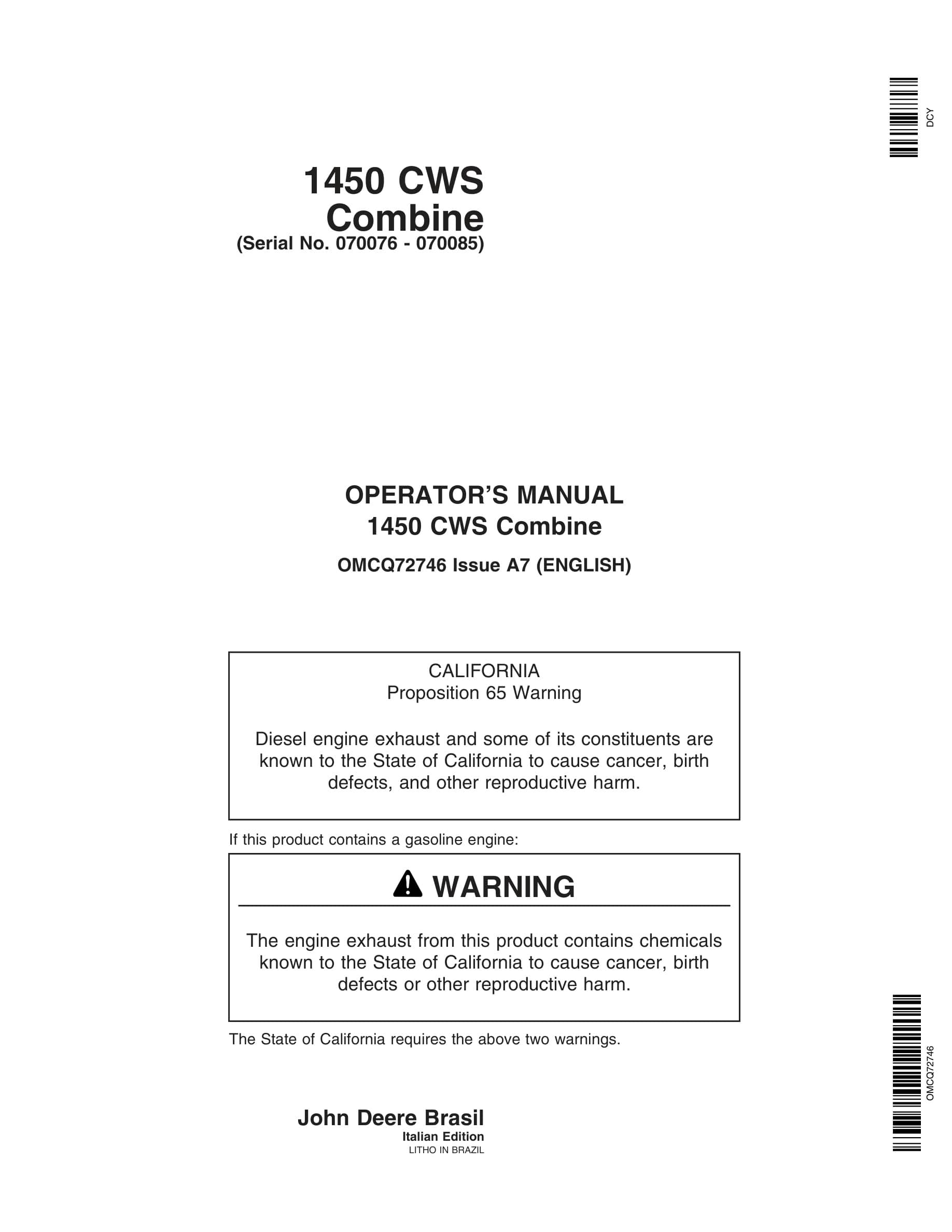 John Deere 1450 CWS Combine Operator Manual OMCQ72746-1
