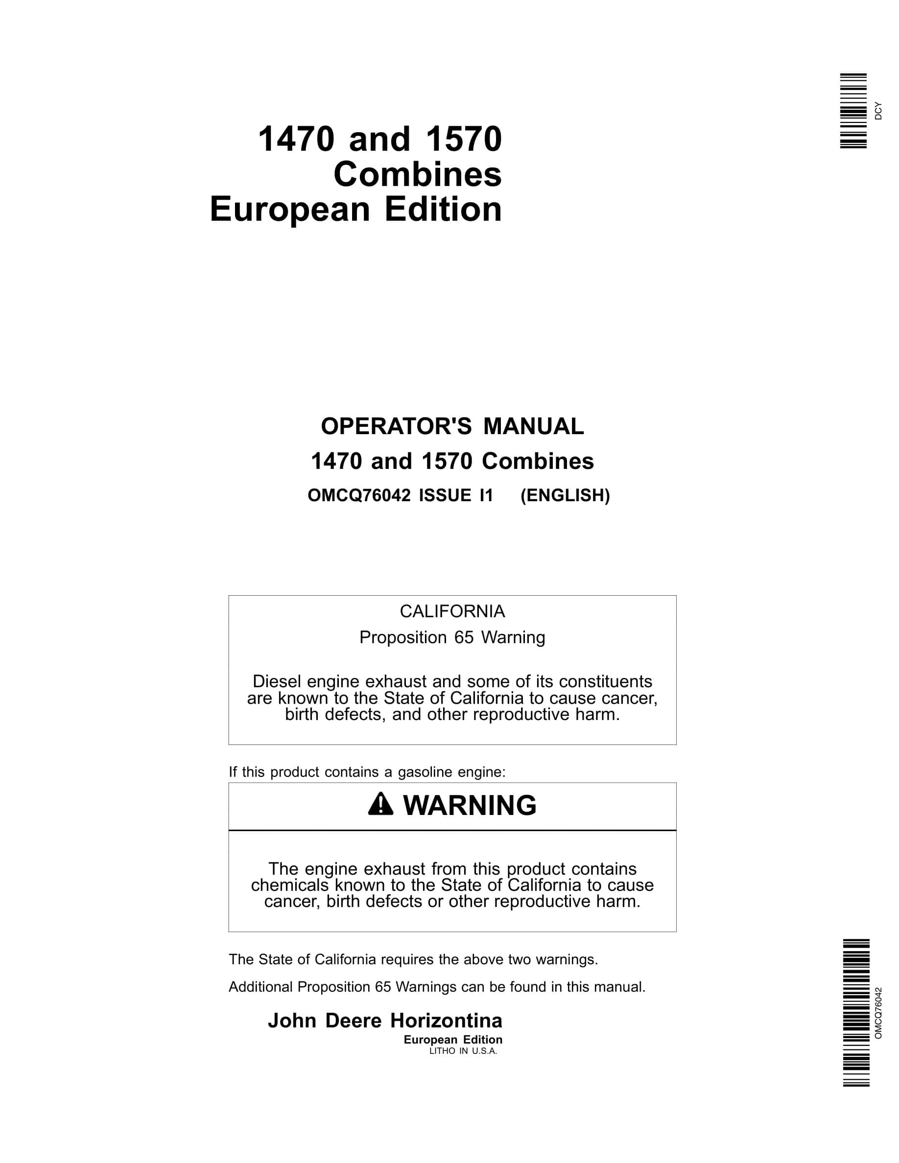 John Deere 1470 and 1570 Combine Operator Manual OMCQ76042-1