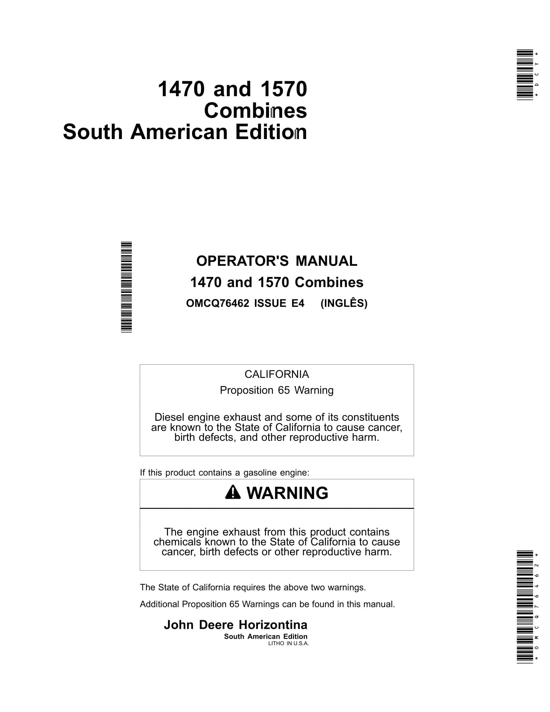 John Deere 1470 and 1570 Combine Operator Manual OMCQ76462-1