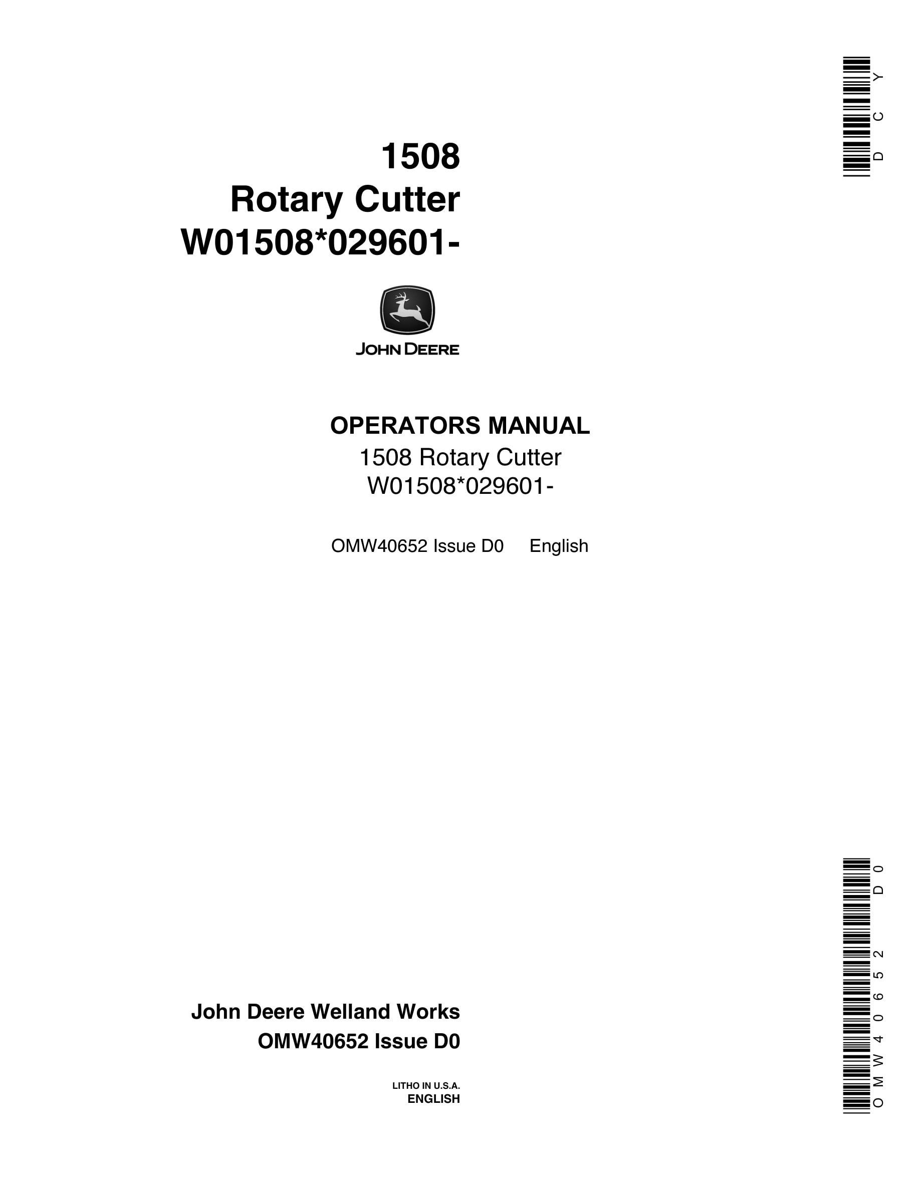 John Deere 1508 Rotary Cutter Operator Manual OMW40652-1