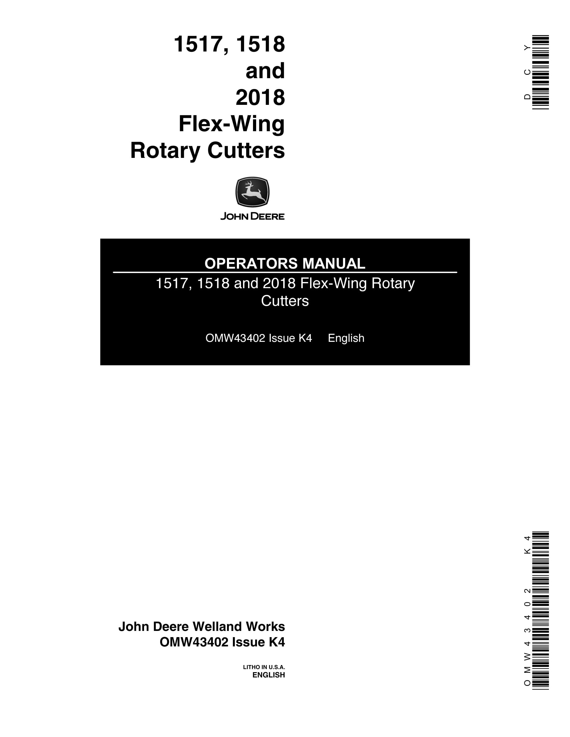 John Deere 1517 1518 and 2018 Flex- Wing Rotary Cutter Operator Manual OMW43402-1