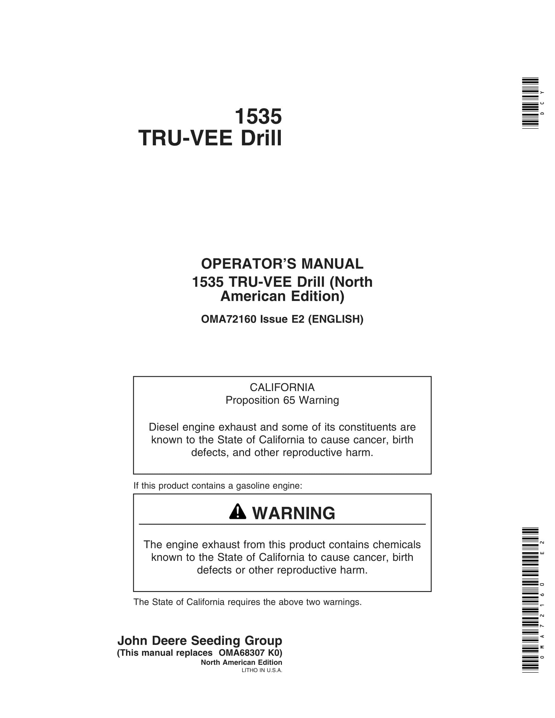 John Deere 1535 TRU-VEE Drill Operator Manual OMA72160-1