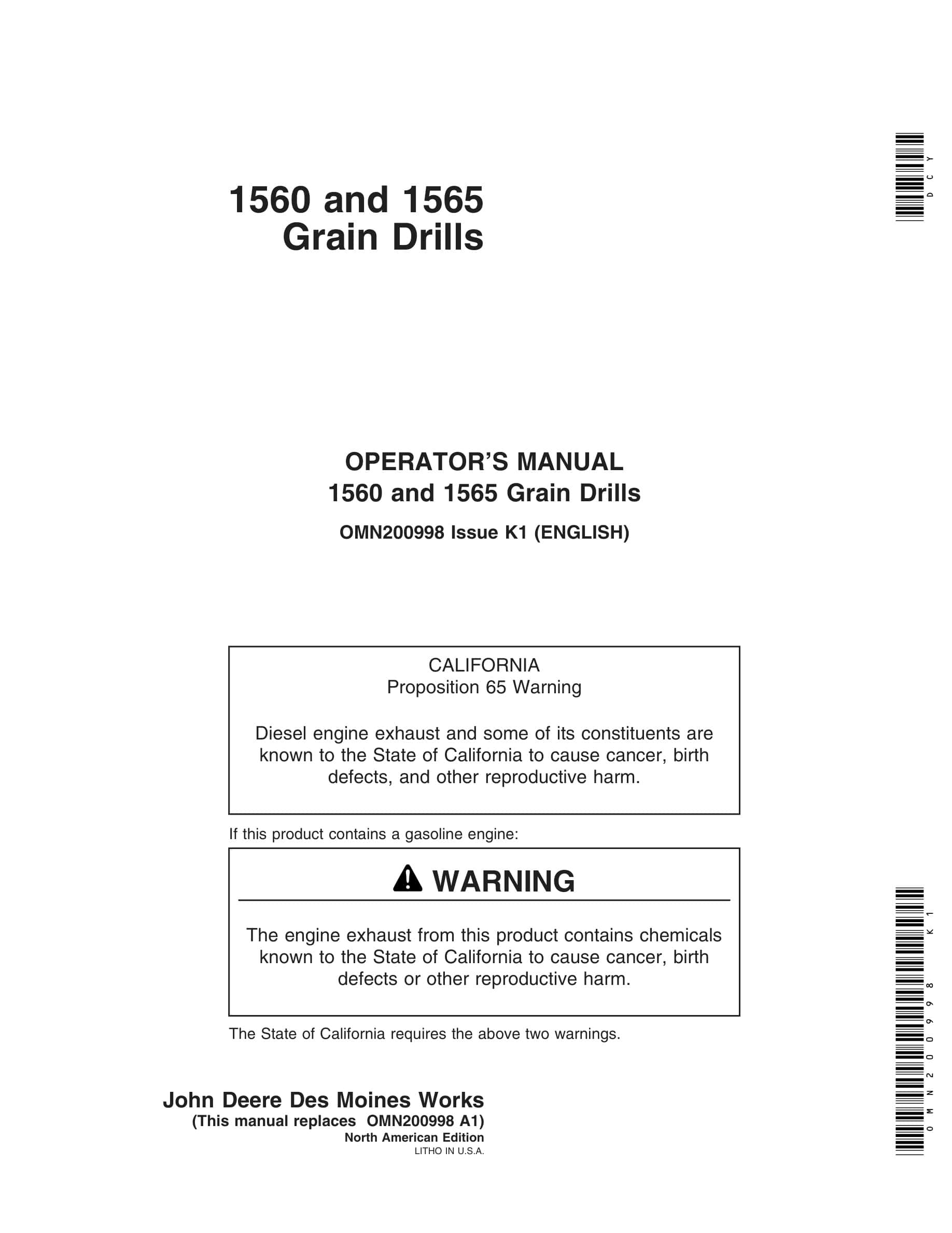 John Deere 1560 and 1565 Grain Drill Operator Manual OMN200998-1