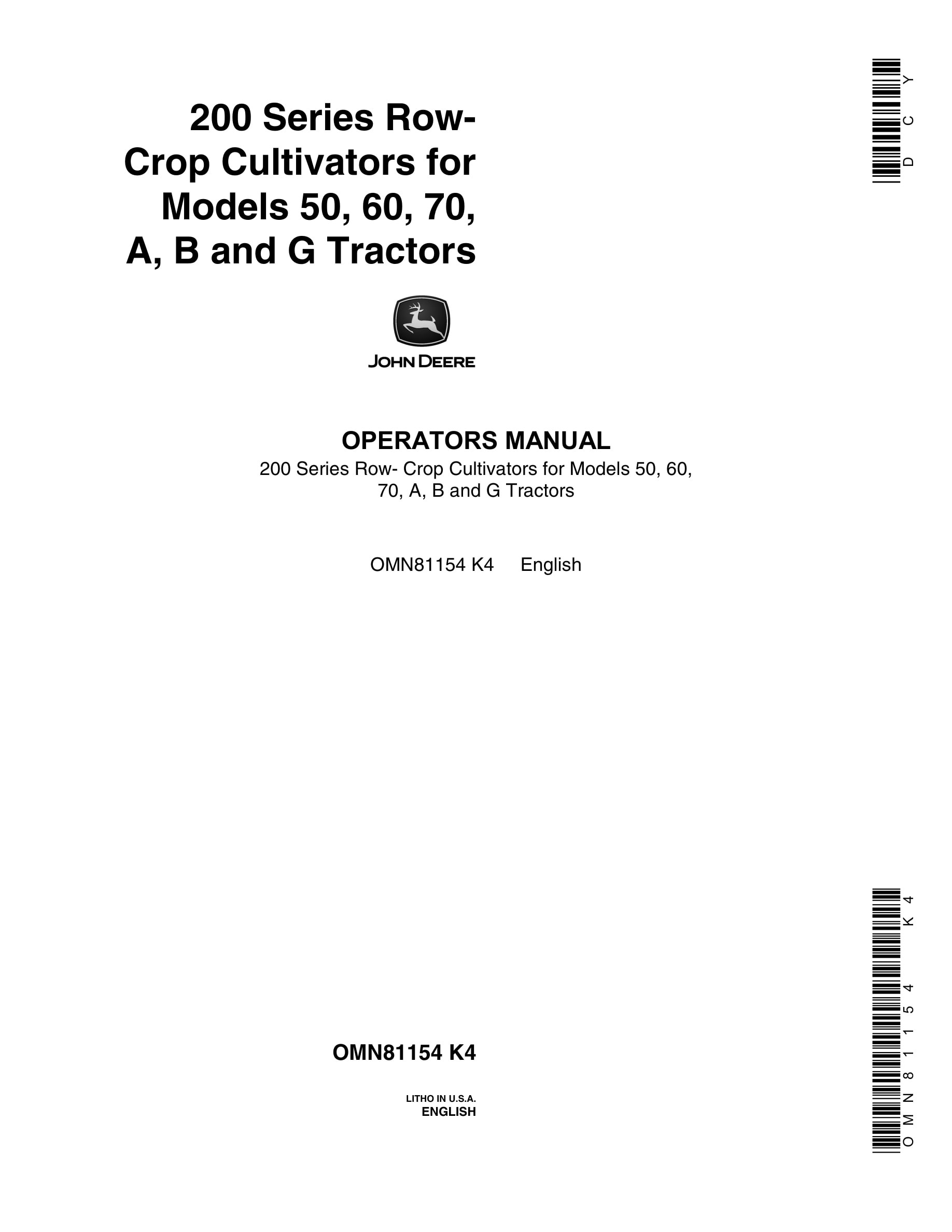 John Deere 200 Series Row- Crop CULTIVATOR Operator Manual OMN81154-1