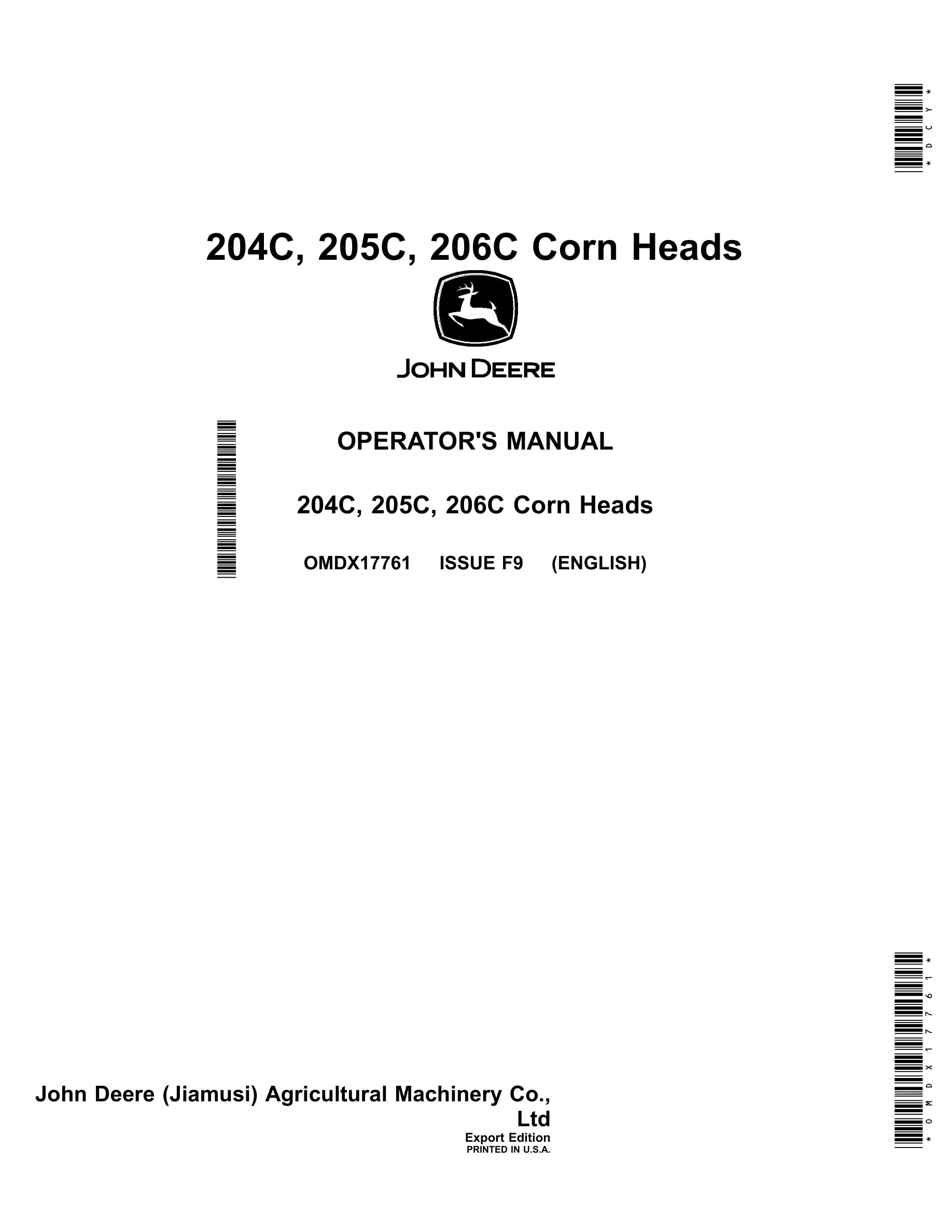 John Deere 204C, 205C, 206C Corn Heads Operator Manual OMDX17761-1