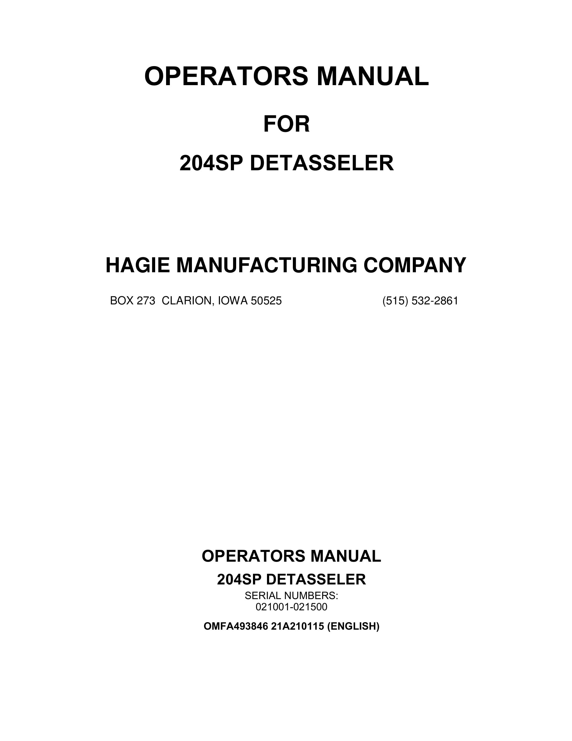 John Deere 204SP DETASSELER Operator Manual OMFA493846-1