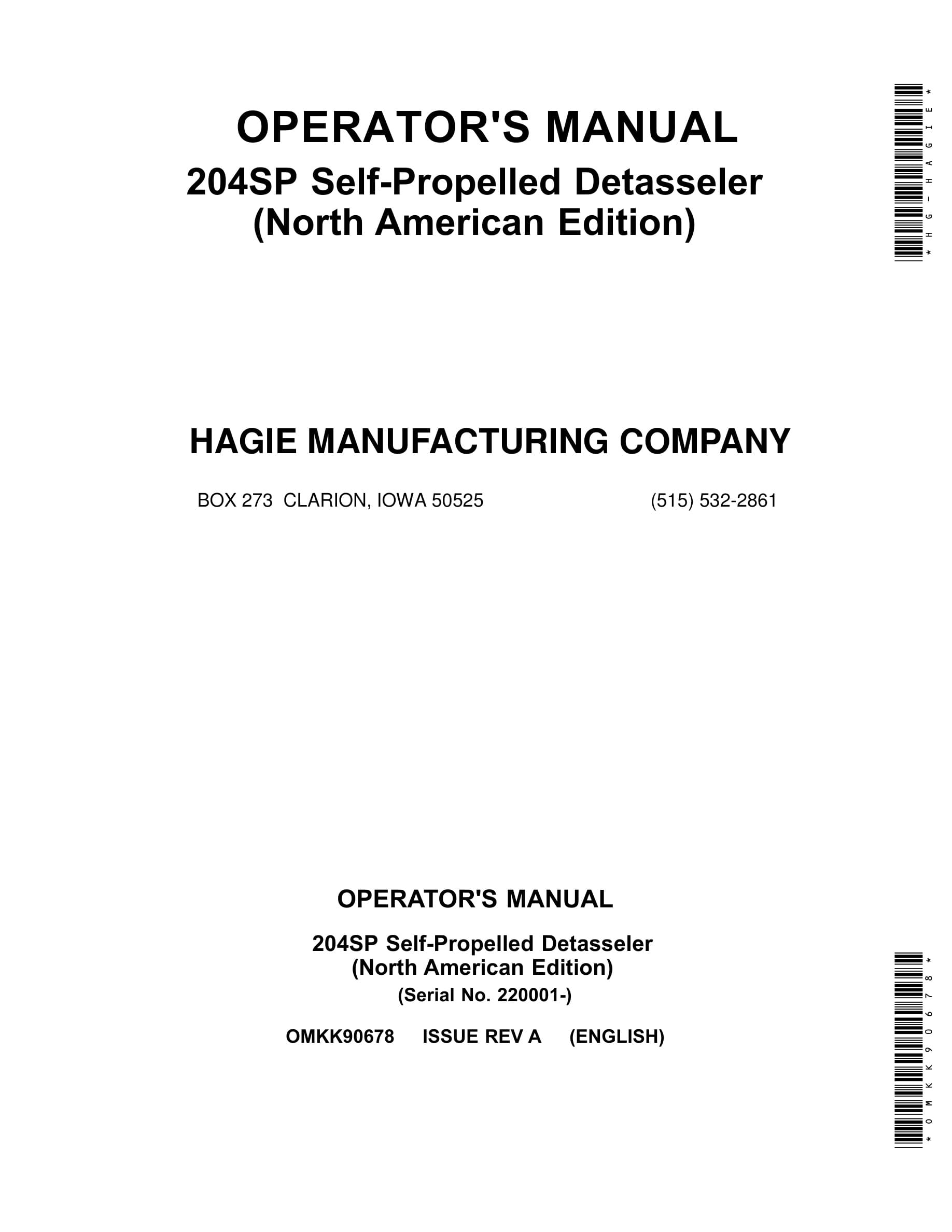 John Deere 204SP Self-Propelled Detasseler Operator Manual OMKK90678-1