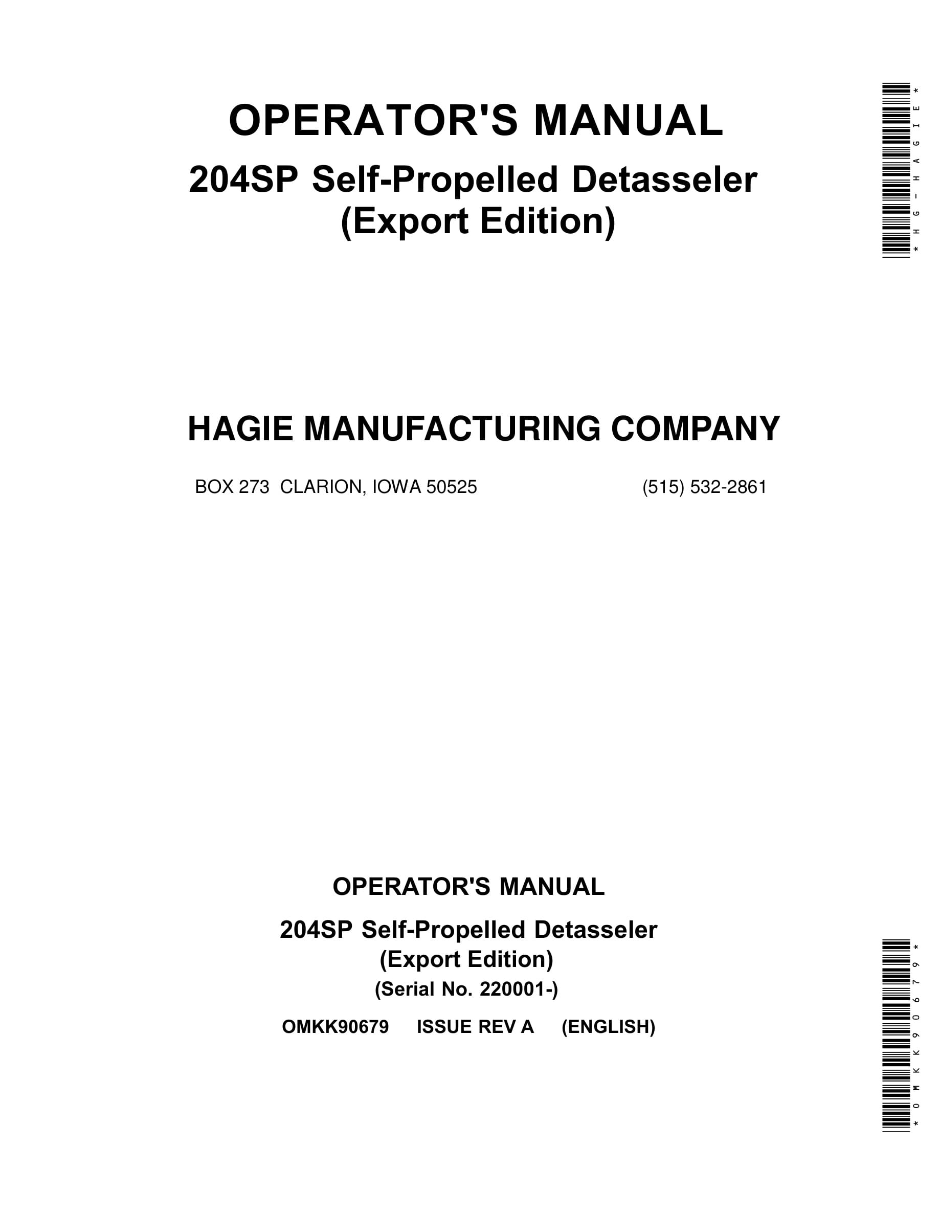 John Deere 204SP Self-Propelled Detasseler Operator Manual OMKK90679-1