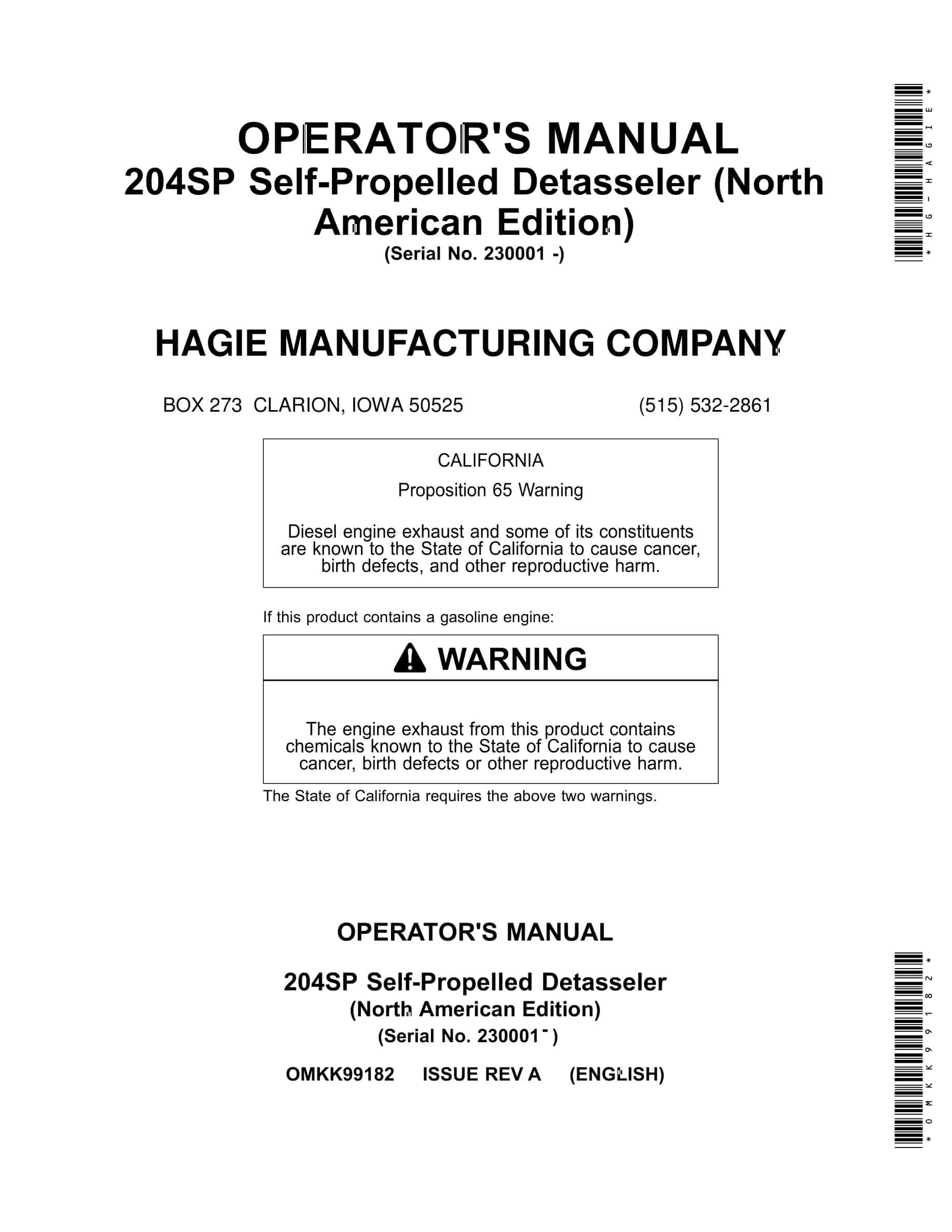 John Deere 204SP Self-Propelled Detasseler Operator Manual OMKK99182-1