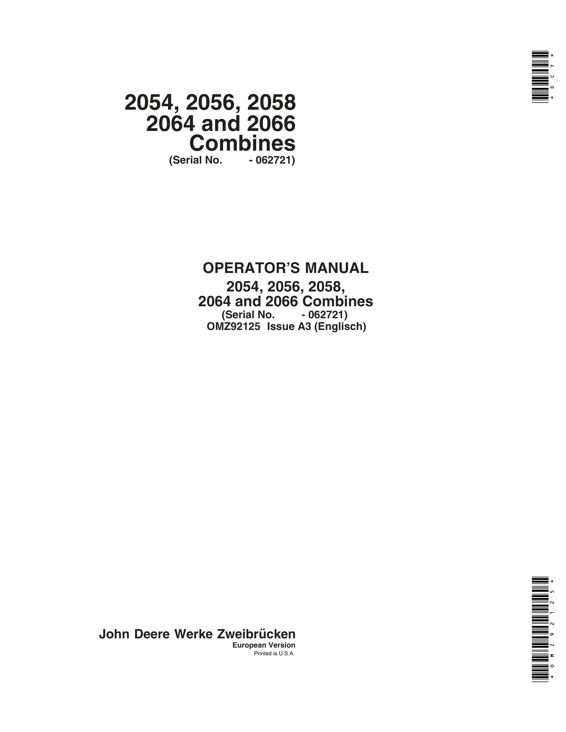 John Deere 2054, 2056, 2058 2064 and 2066 Combine Operator Manual OMZ92125-1