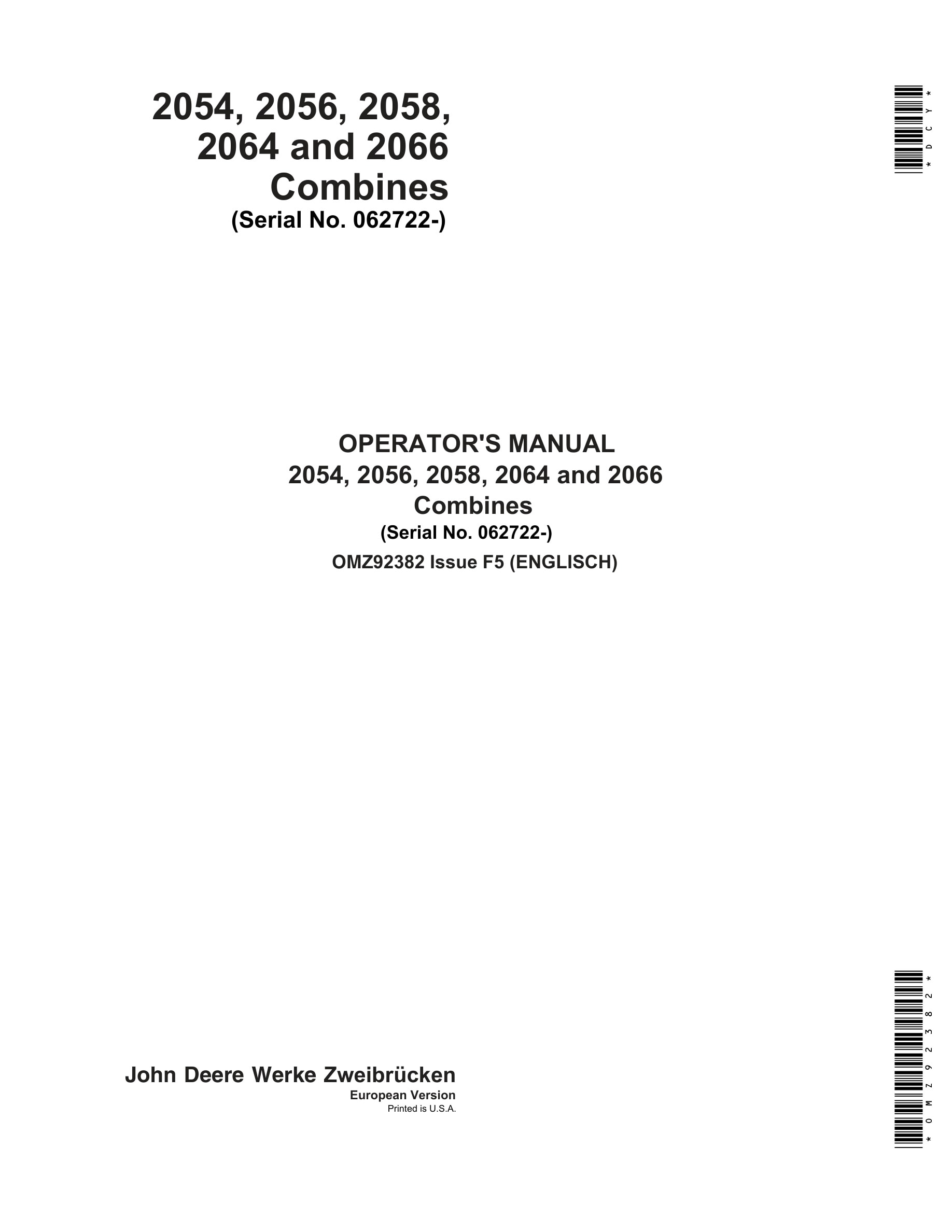 John Deere 2054, 2056, 2058, 2064 and 2066 Combine Operator Manual OMZ92382-1
