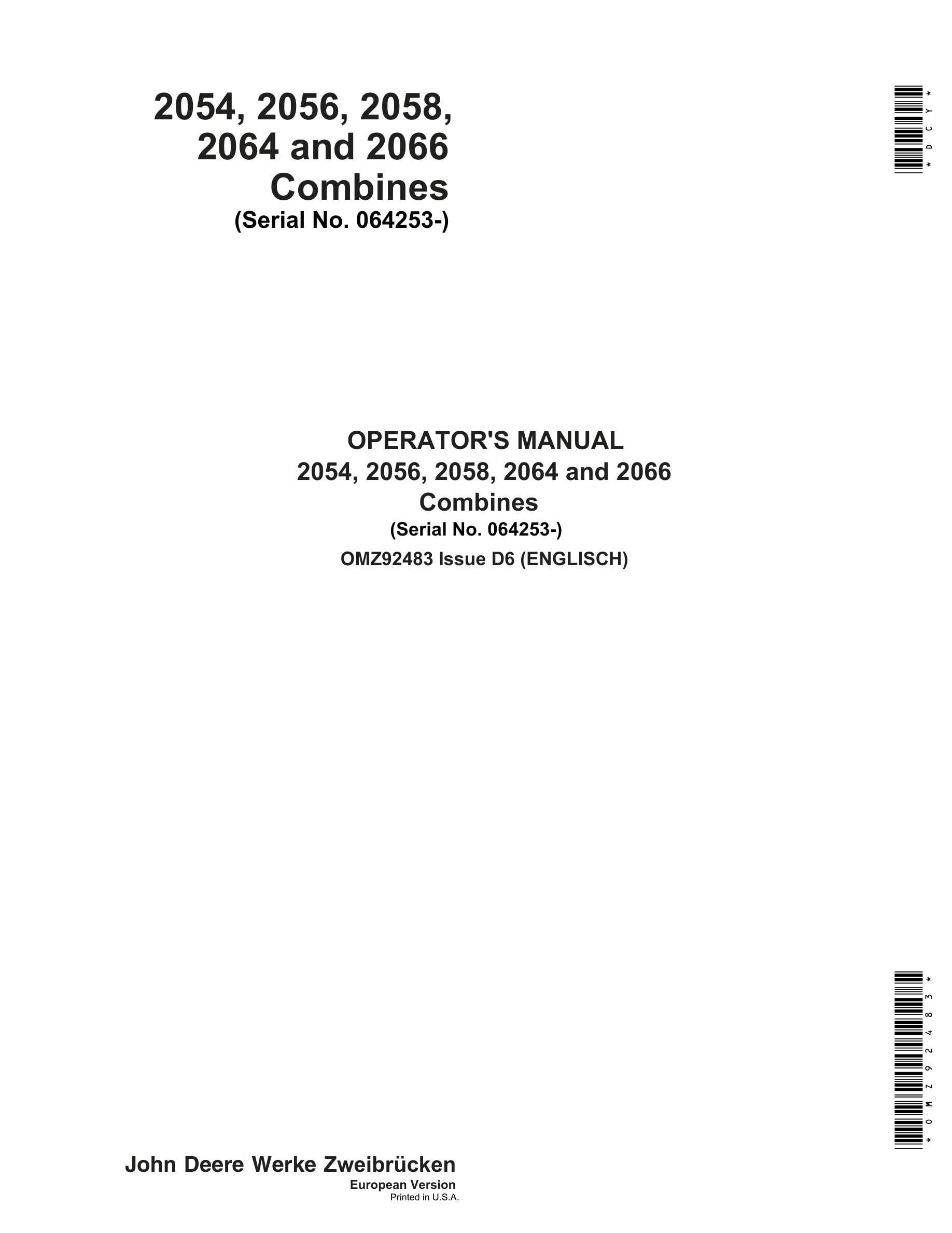John Deere 2054, 2056, 2058, 2064 and 2066 Combine Operator Manual OMZ92483-1
