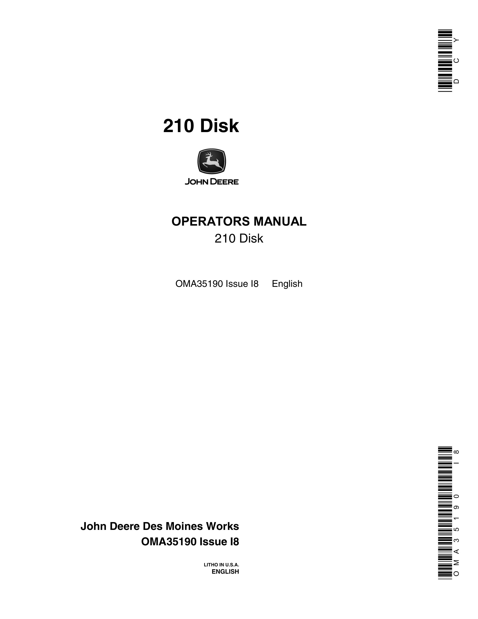 John Deere 210 Disk Operator Manual OMA35190-1
