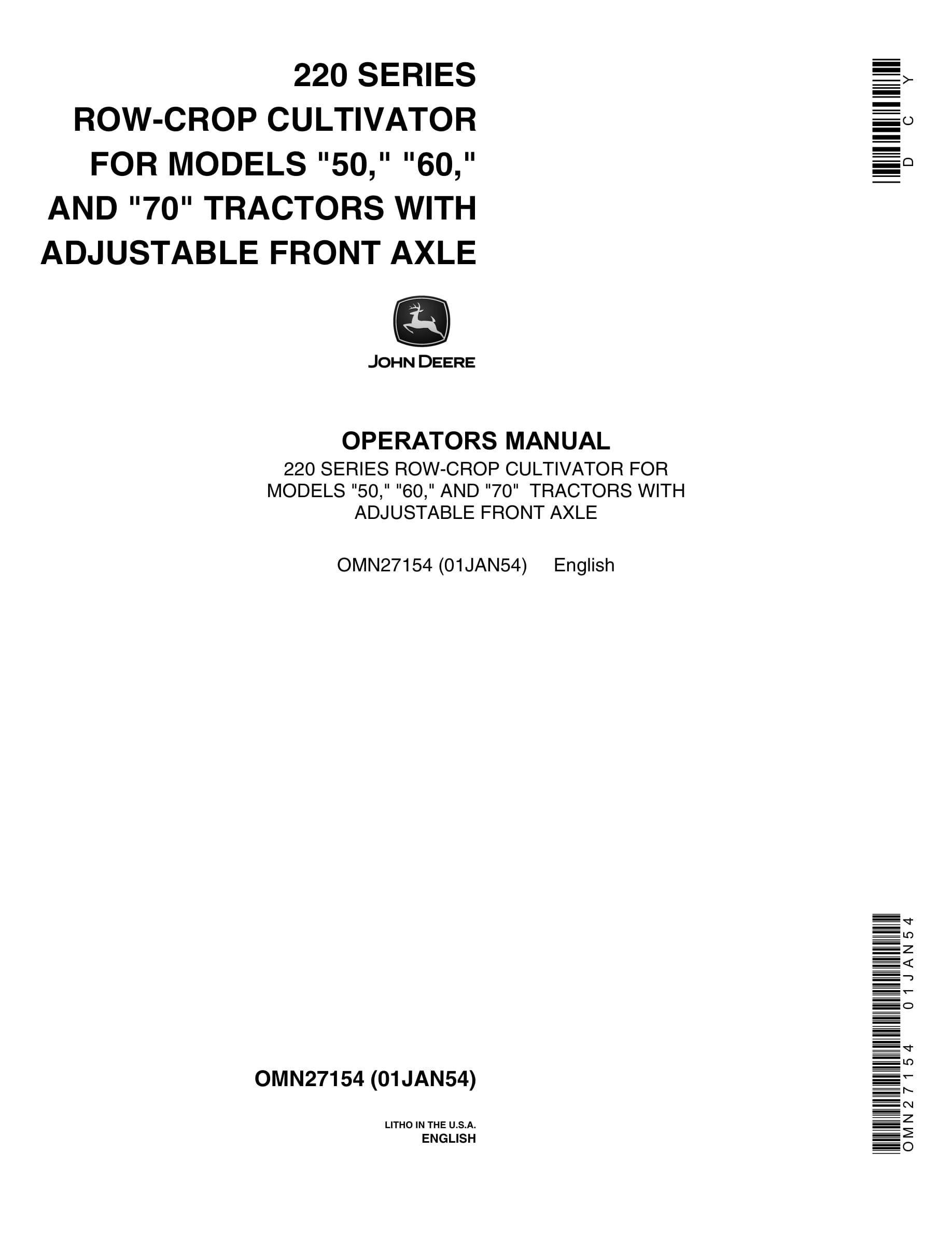 John Deere 220 SERIES ROW-CROP CULTIVATOR Operator Manual OMN27154-1