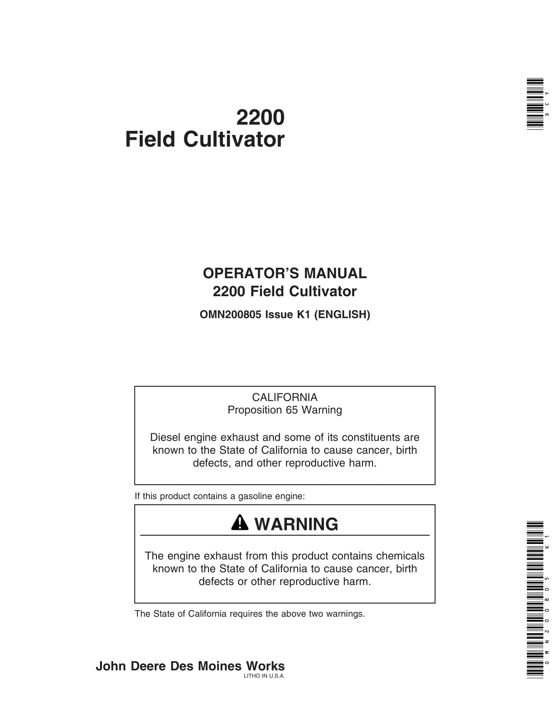 John Deere 2200 Field CULTIVATOR Operator Manual OMN200805-1