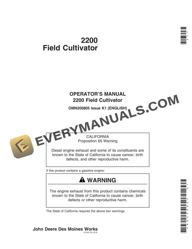 John Deere 2200 Field CULTIVATOR Operator Manual OMN200805-1