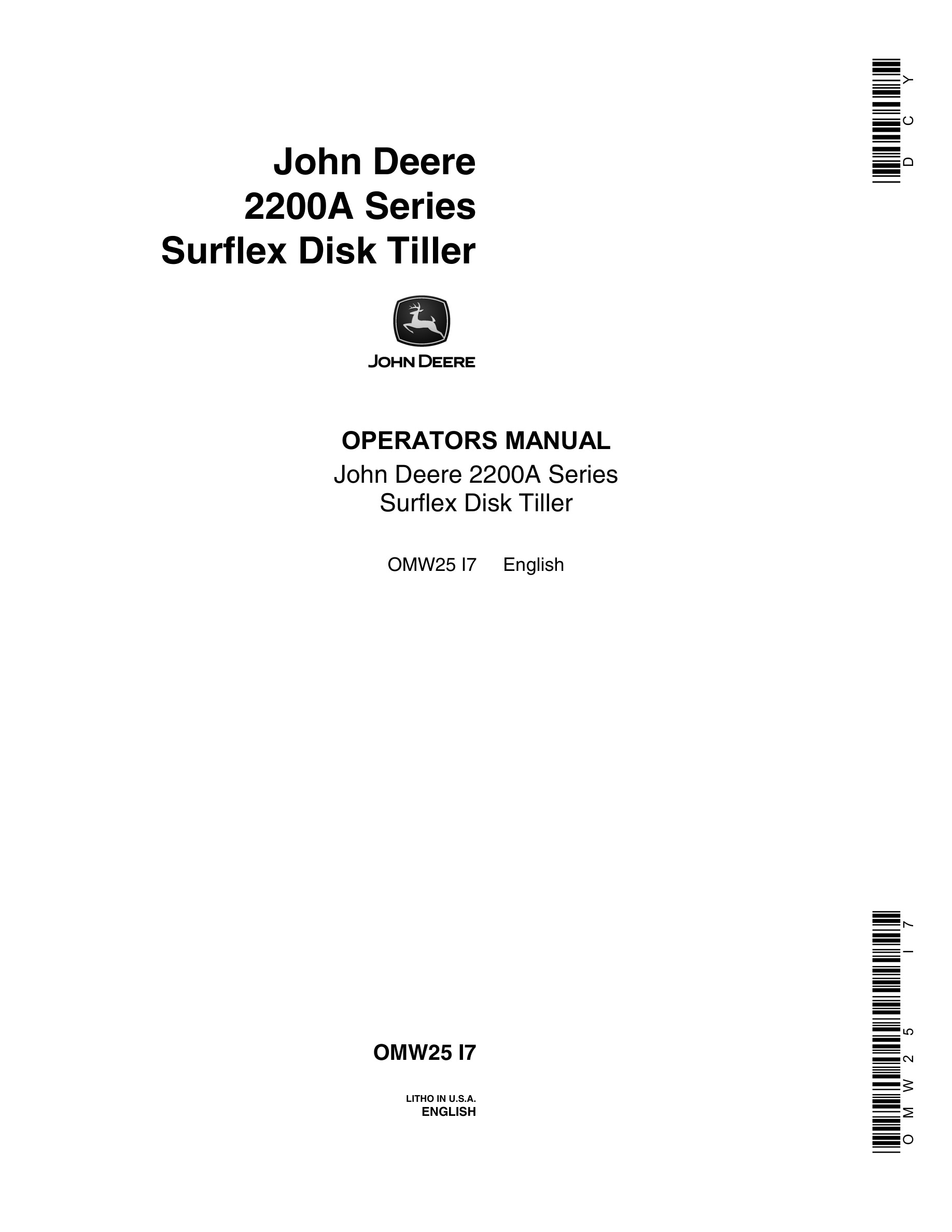 John Deere 2200A Series Surflex Disk Tiller Operator Manual OMW25-1