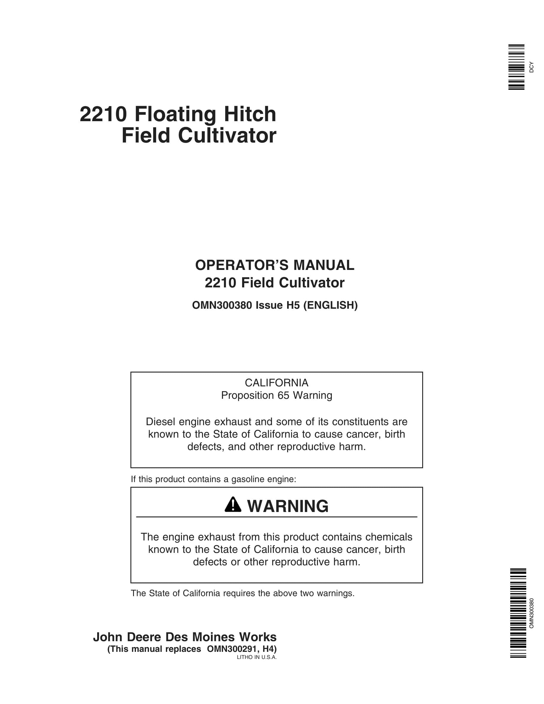 John Deere 2210 Floating Hitch Field Cultivator Operator Manual OMN300380-1