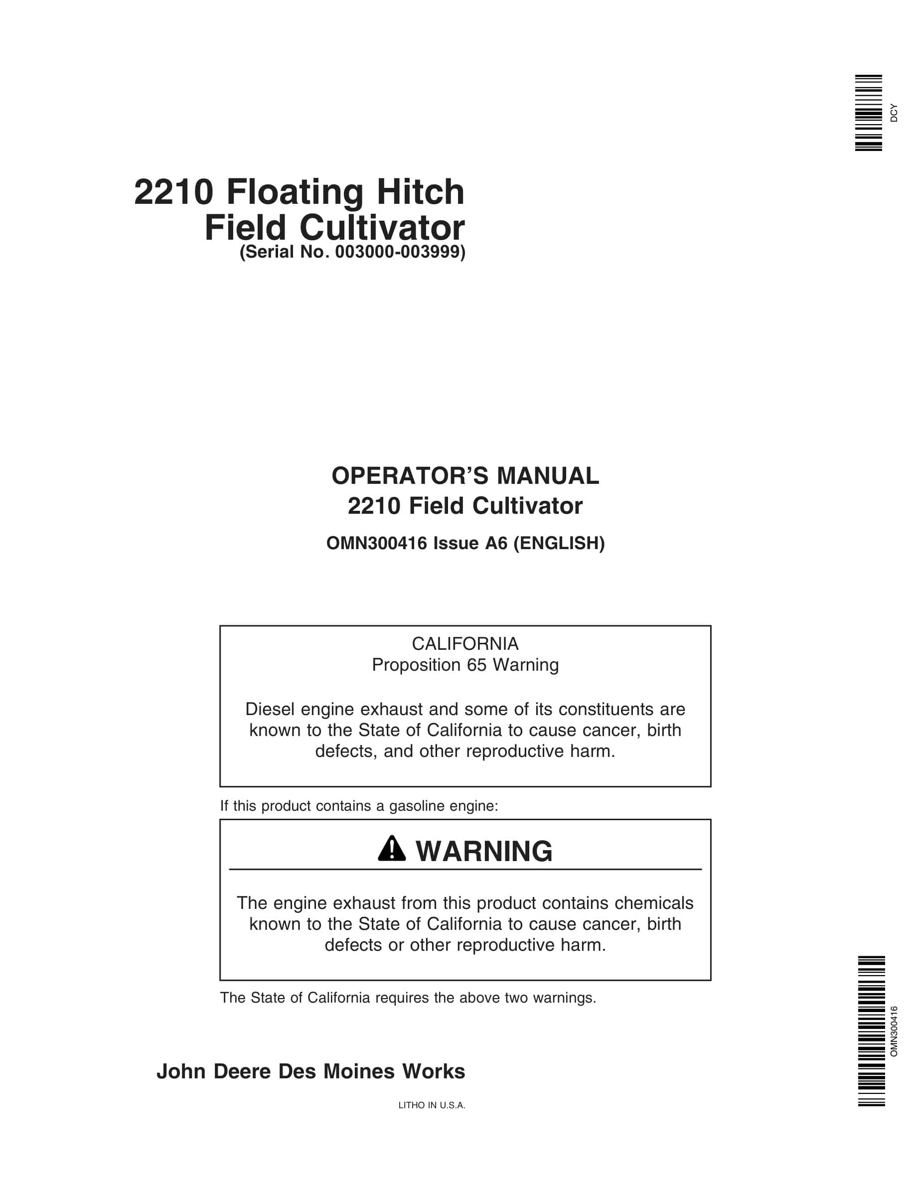 John Deere 2210 Floating Hitch Field Cultivator Operator Manual OMN300416-1