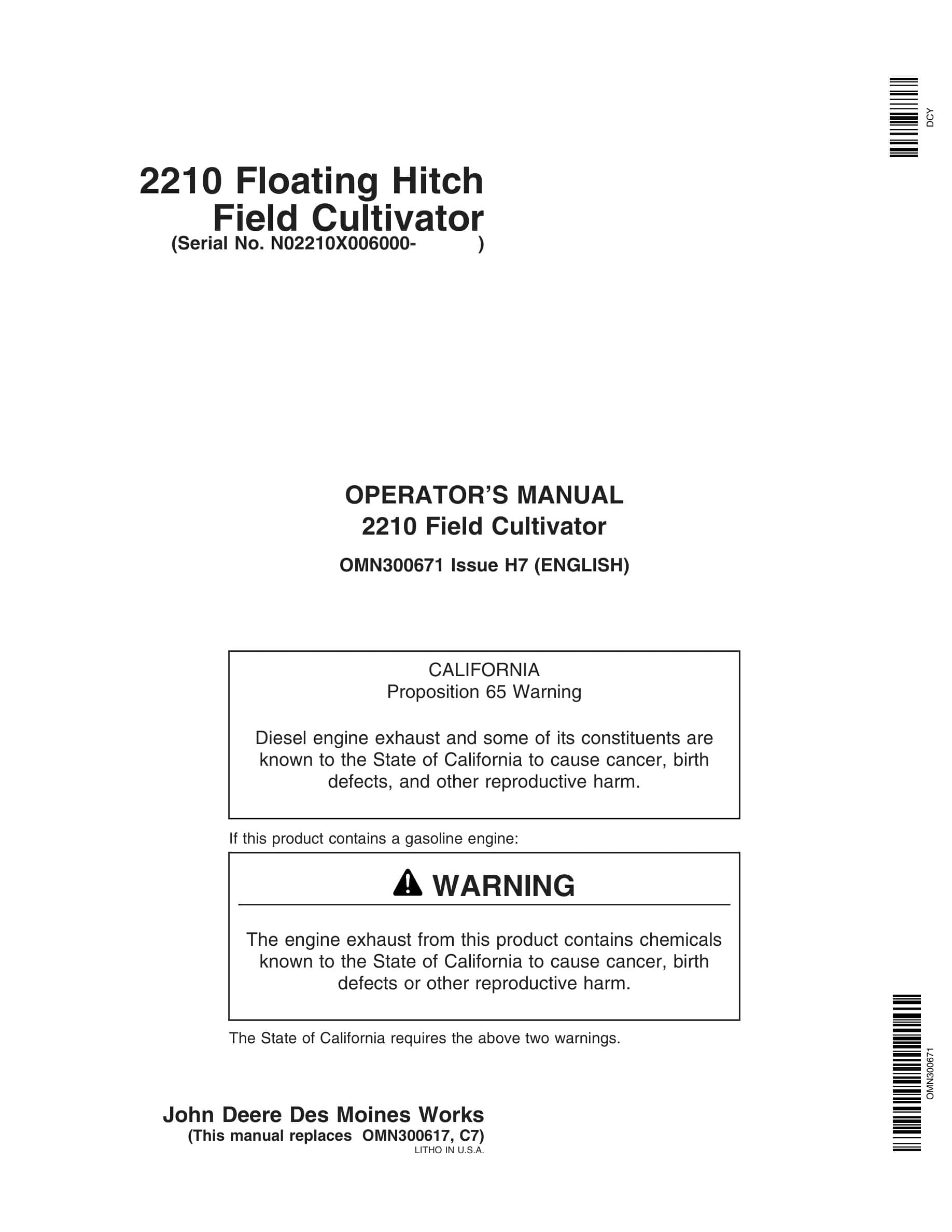 John Deere 2210 Floating Hitch Field Cultivator Operator Manual OMN300671-1