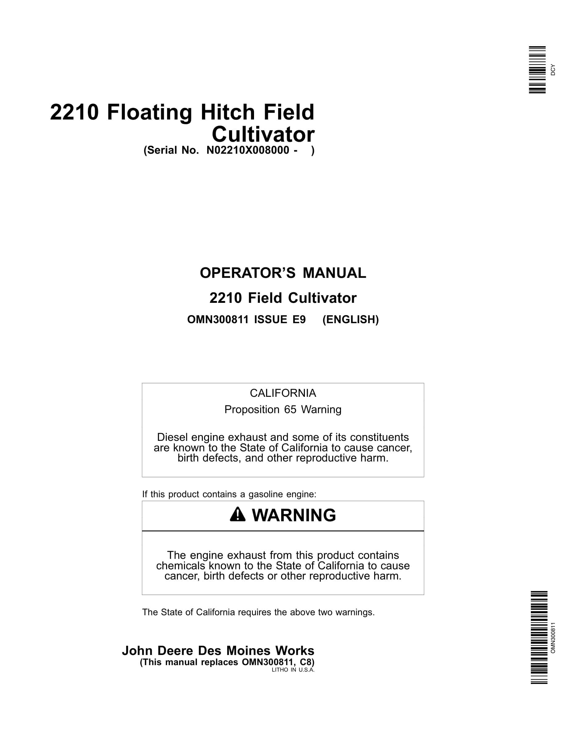 John Deere 2210 Floating Hitch Field Cultivator Operator Manual OMN300811-1