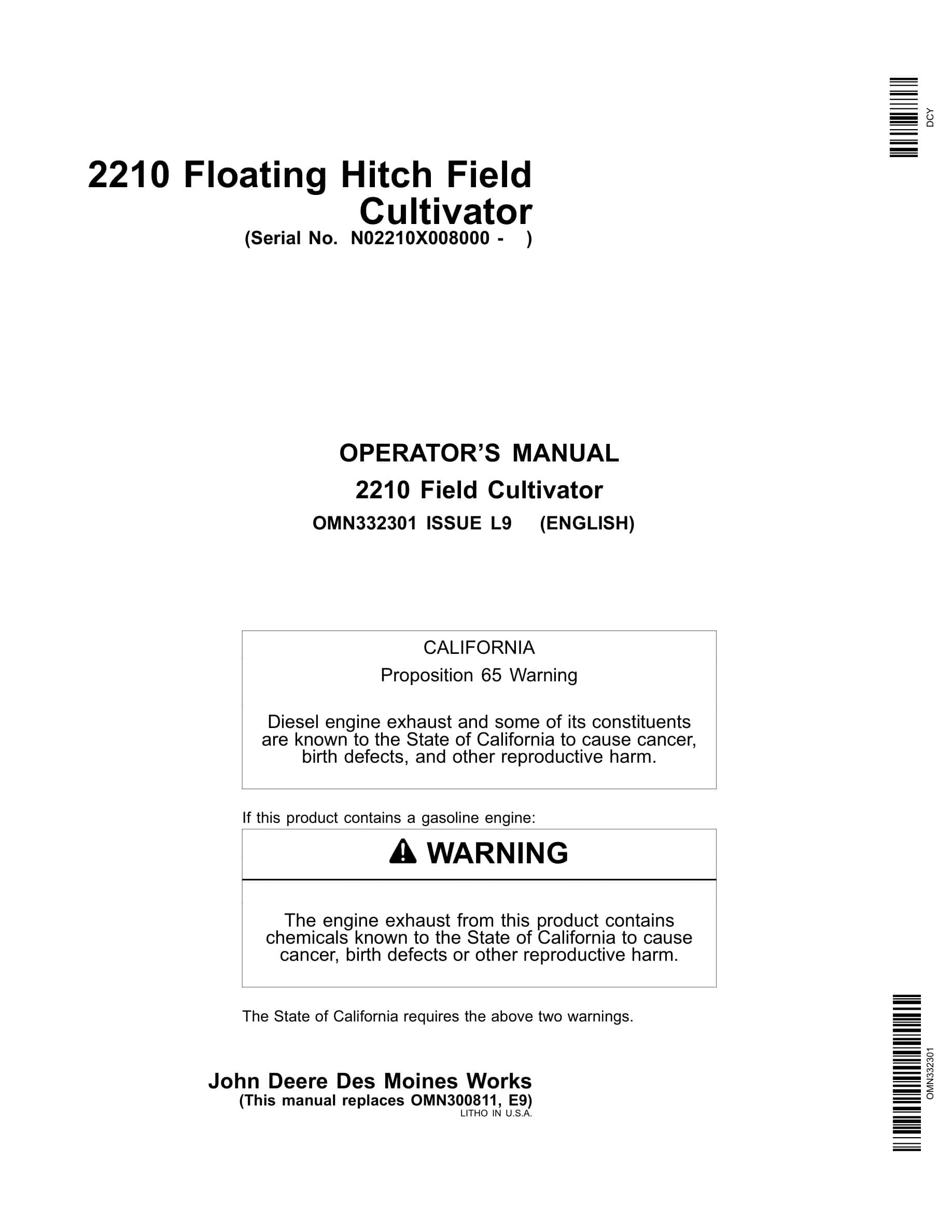 John Deere 2210 Floating Hitch Field Cultivator Operator Manual OMN332301-1