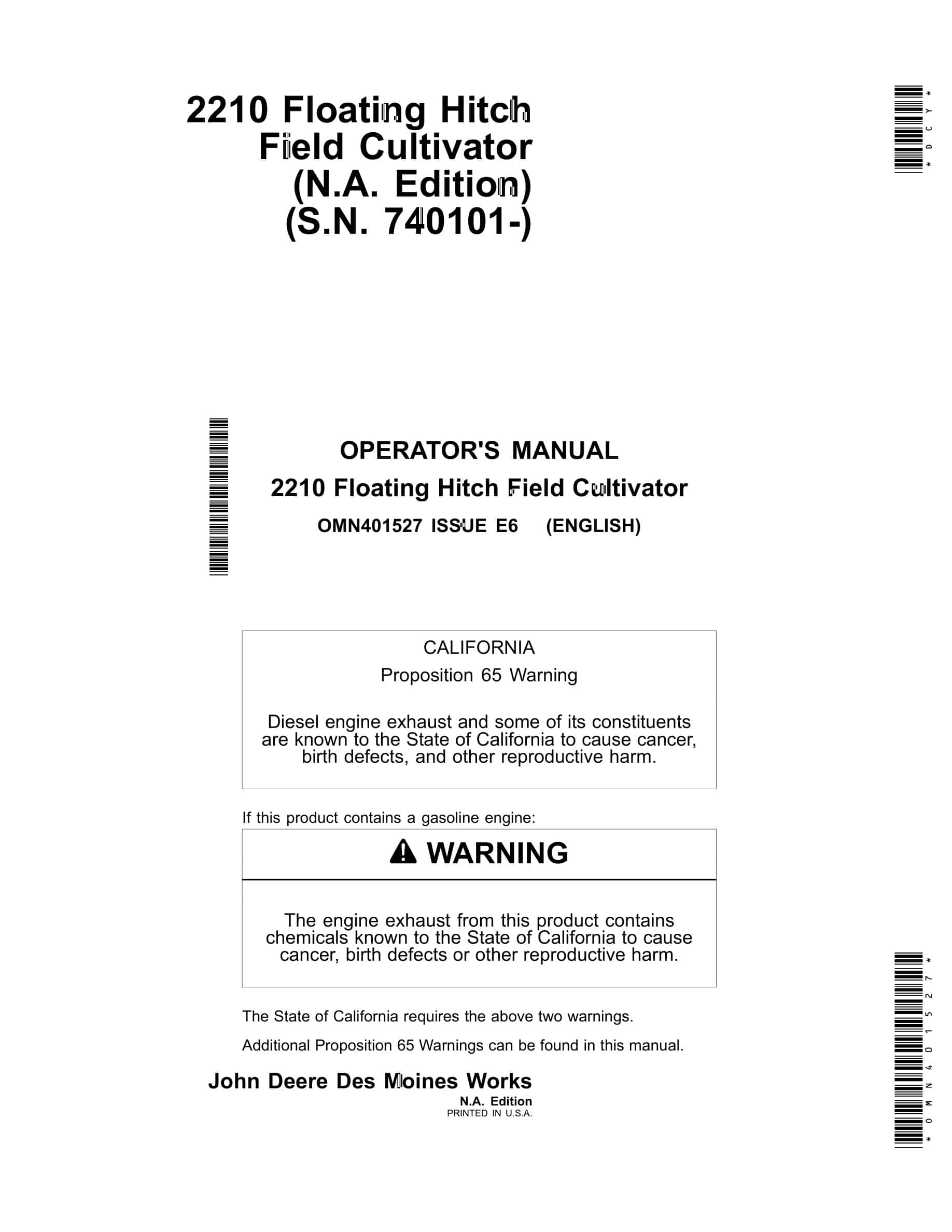 John Deere 2210 Floating Hitch Field Cultivator Operator Manual OMN401527-1