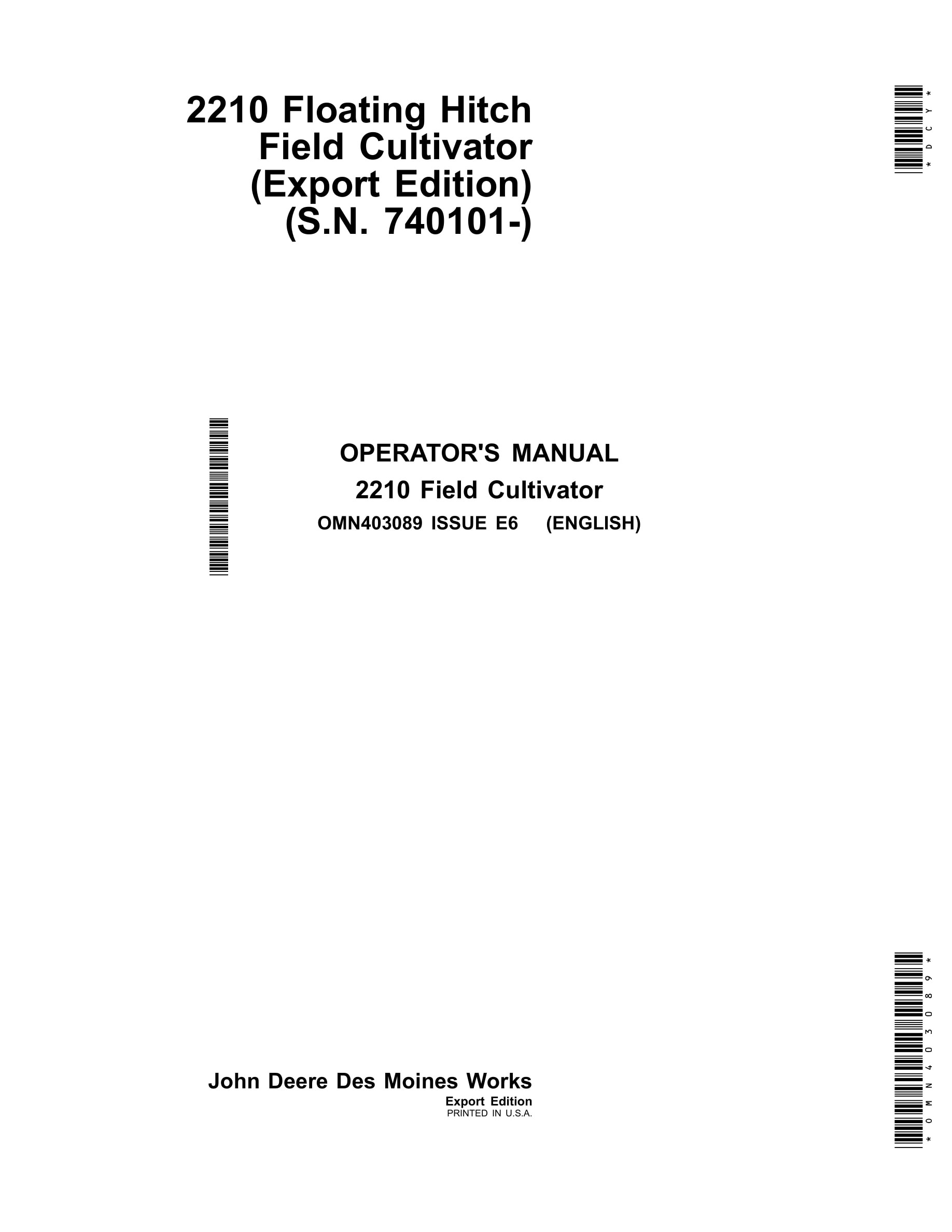 John Deere 2210 Floating Hitch Field Cultivator Operator Manual OMN403089-1