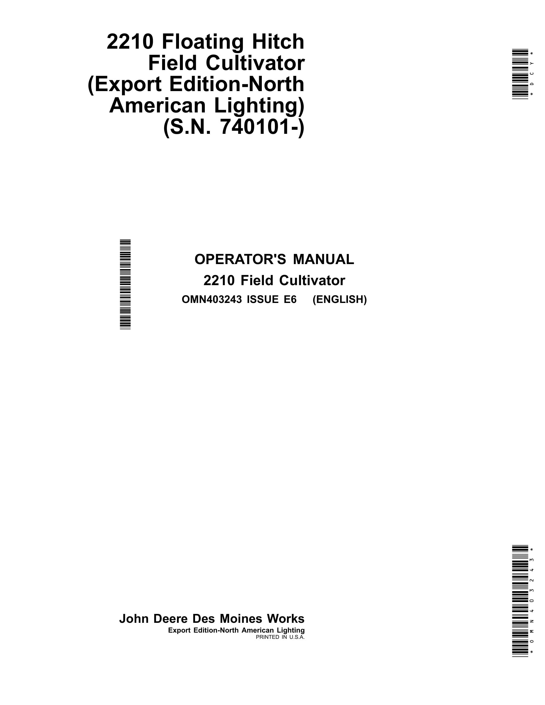 John Deere 2210 Floating Hitch Field Cultivator Operator Manual OMN403243-1
