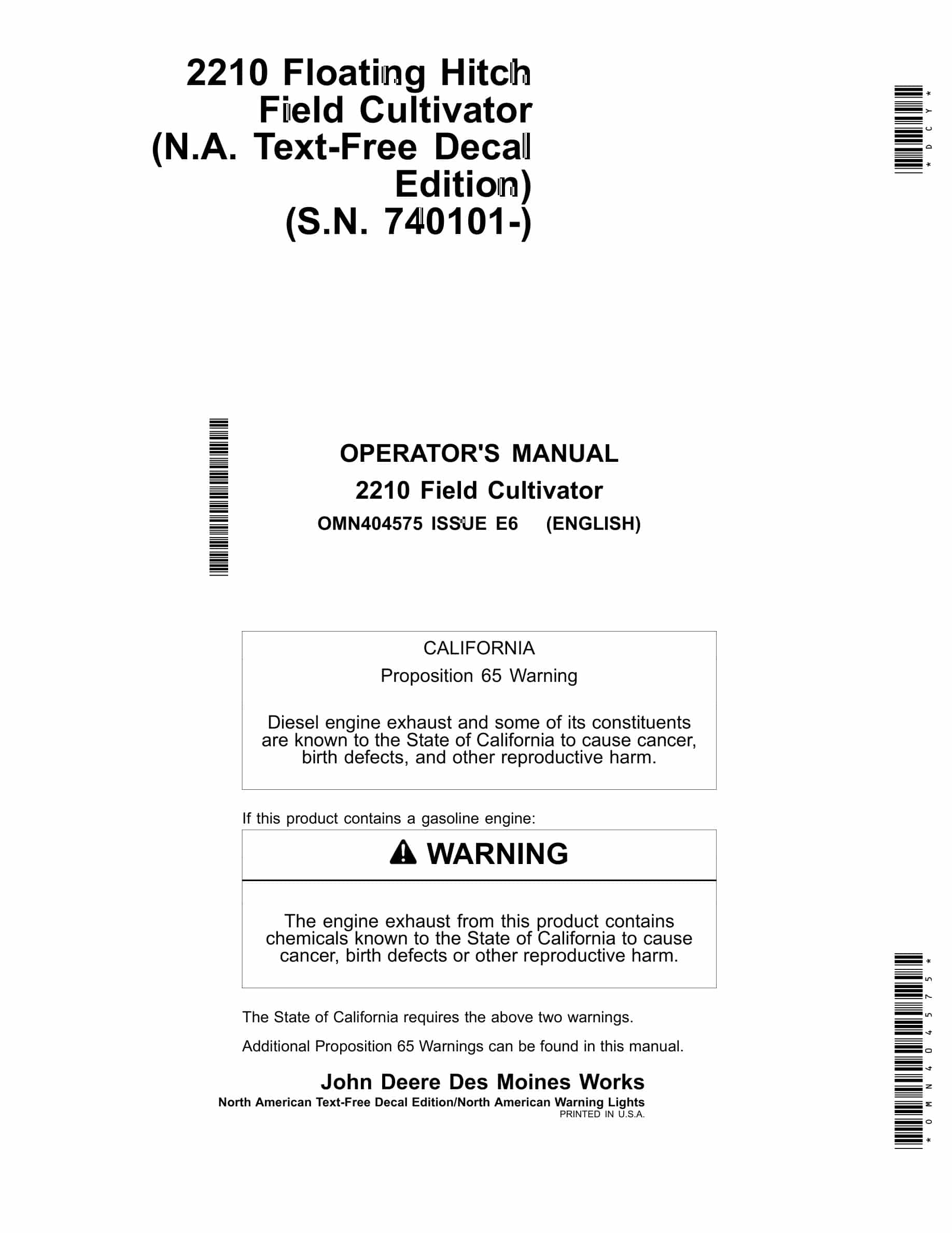John Deere 2210 Floating Hitch Field Cultivator Operator Manual OMN404575-1