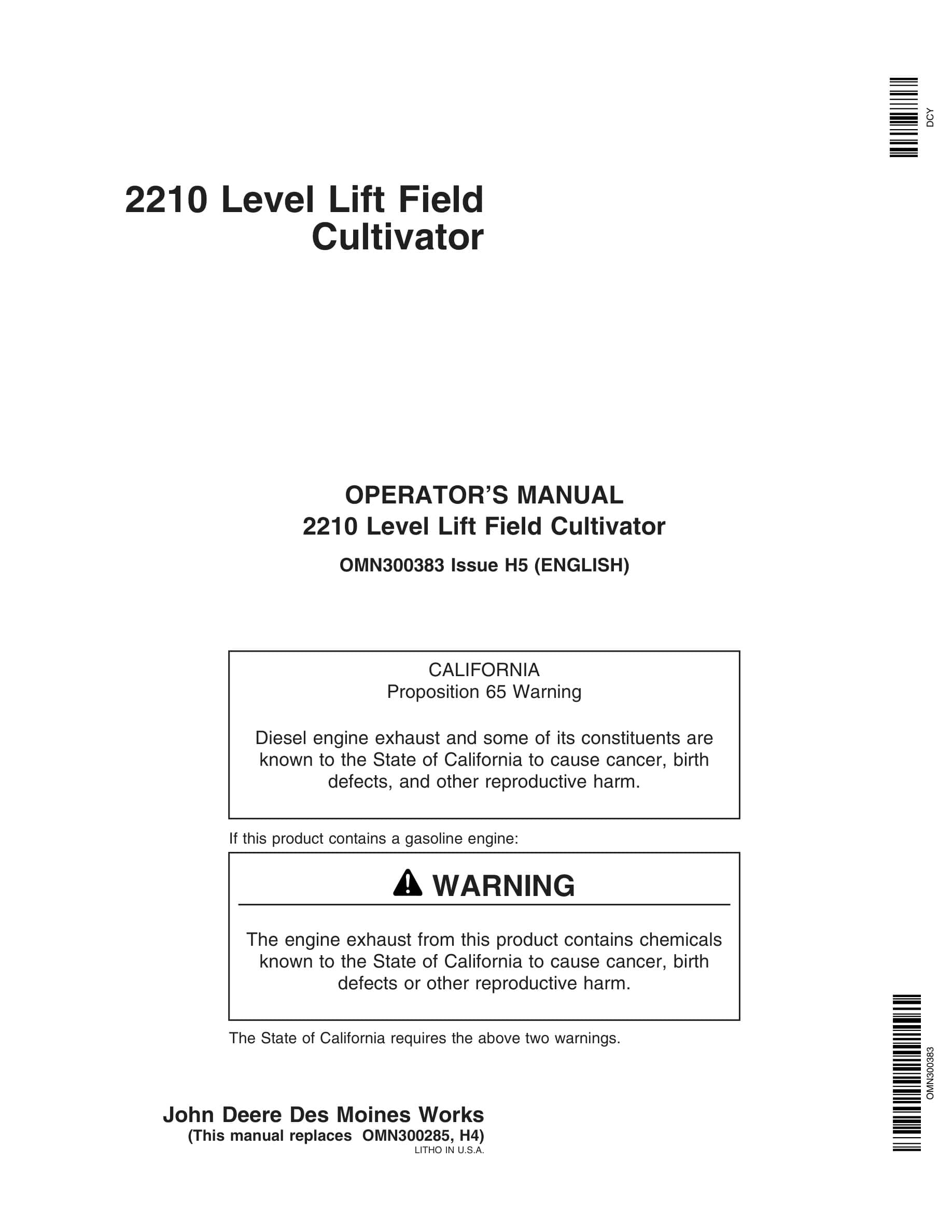 John Deere 2210 Level Lift Field Cultivator Operator Manual OMN300383-1