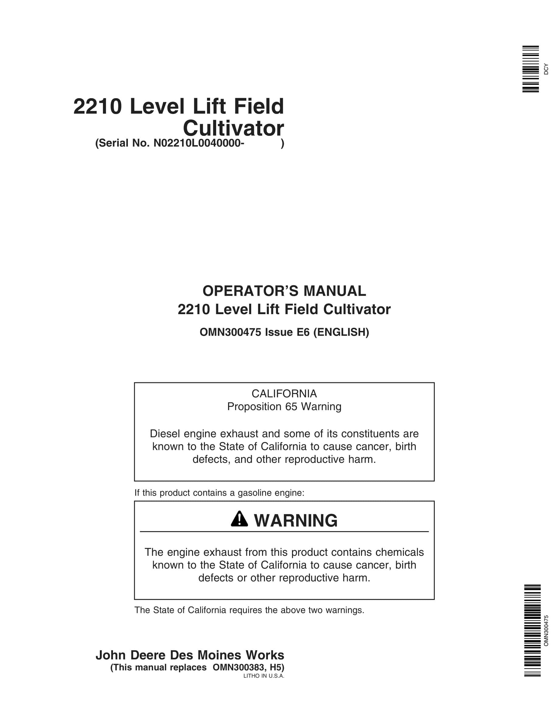 John Deere 2210 Level Lift Field Cultivator Operator Manual OMN300475-1