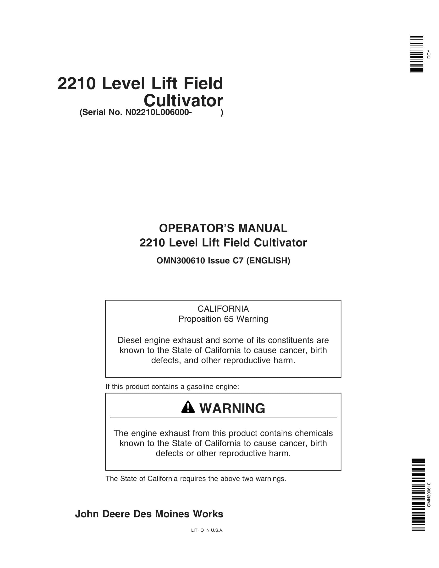 John Deere 2210 Level Lift Field Cultivator Operator Manual OMN300610-1