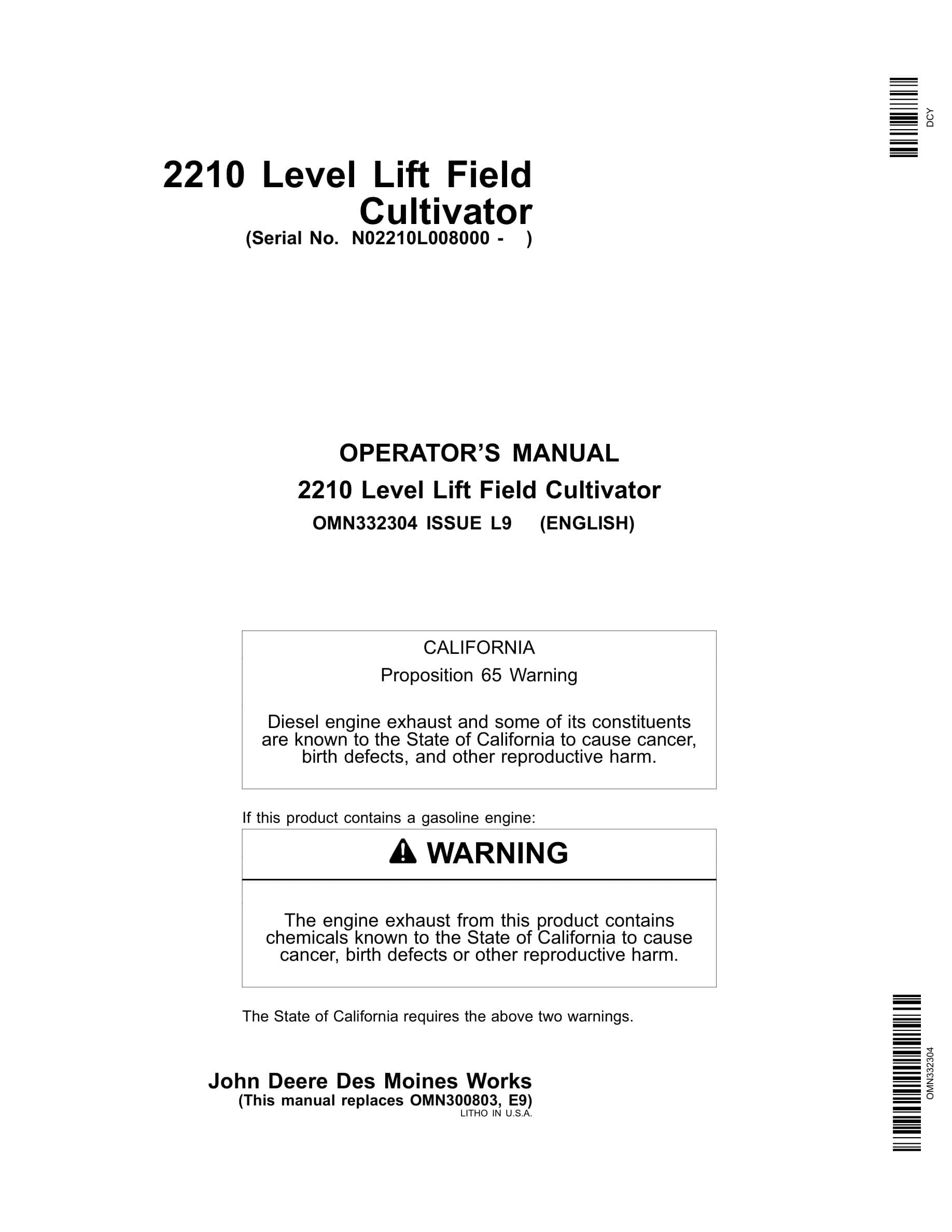 John Deere 2210 Level Lift Field Cultivator Operator Manual OMN332304-1