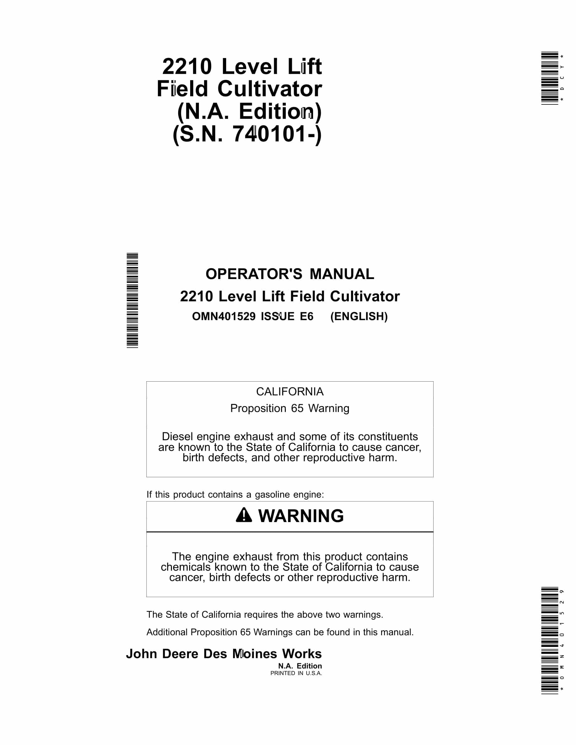 John Deere 2210 Level Lift Field Cultivator Operator Manual OMN401529-1