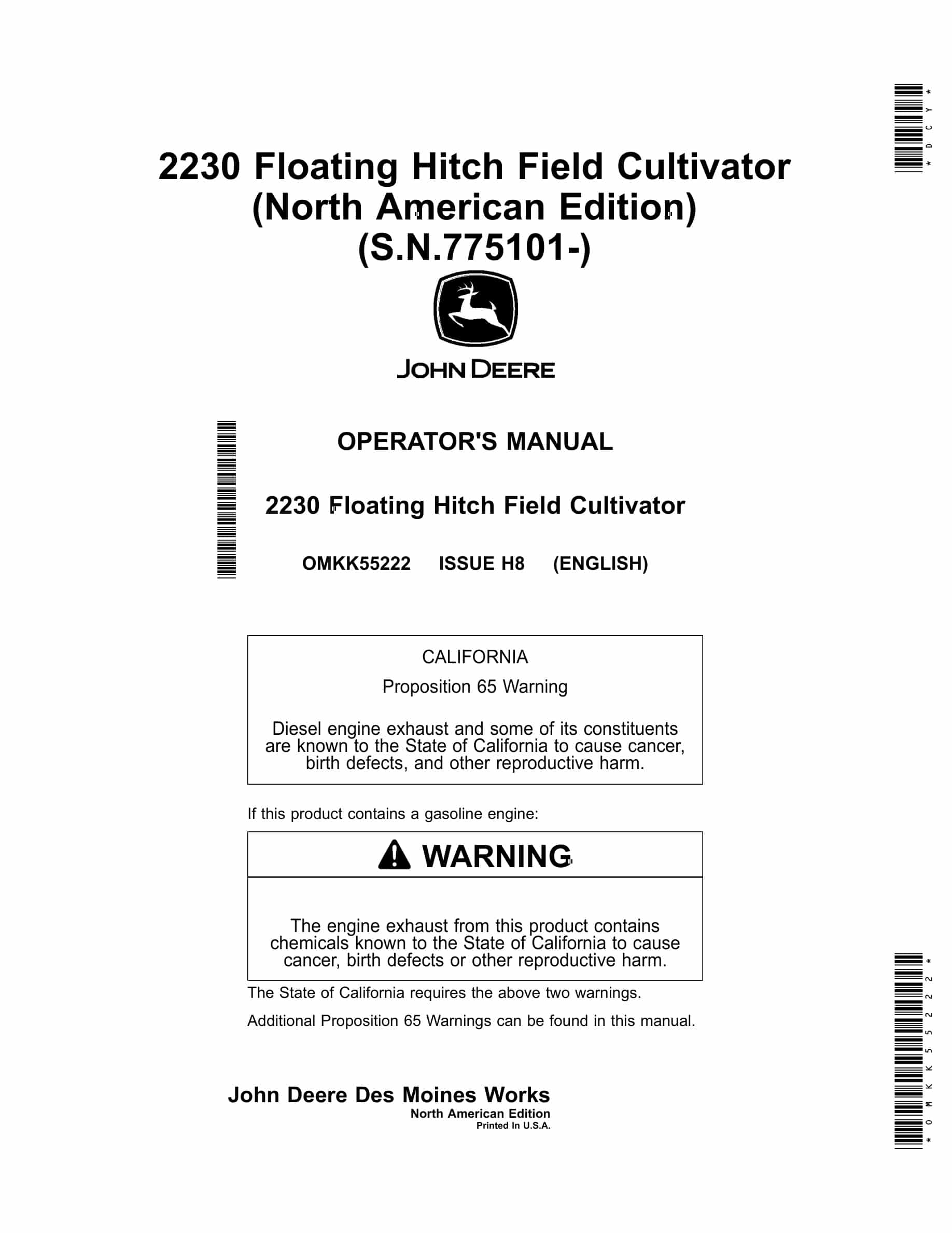 John Deere 2230 Floating Hitch Field Cultivator Operator Manual OMKK55222-1