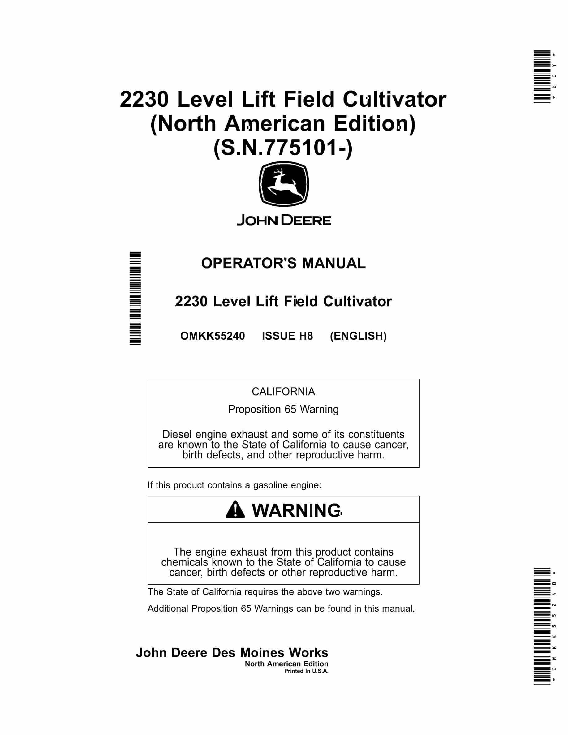 John Deere 2230 Level Lift Field Cultivator Operator Manual OMKK55240-1