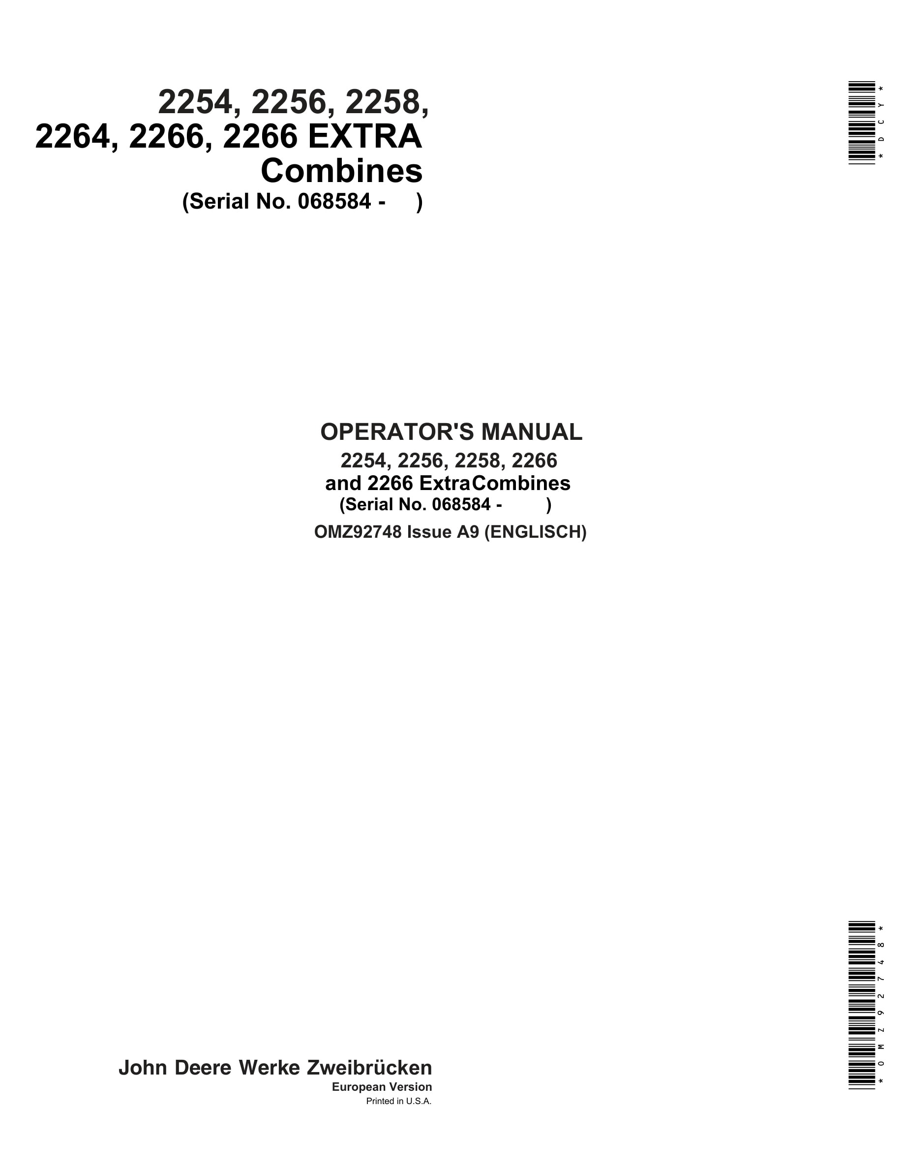 John Deere 2254, 2256, 2258, 2264, 2266, 2266 EXTRA Combine Operator Manual OMZ92748-1
