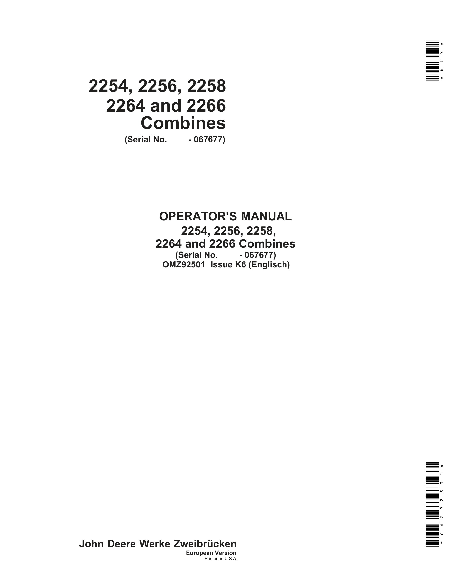 John Deere 2254, 2256, 2258 2264 and 2266 Combine Operator Manual OMZ92501-1