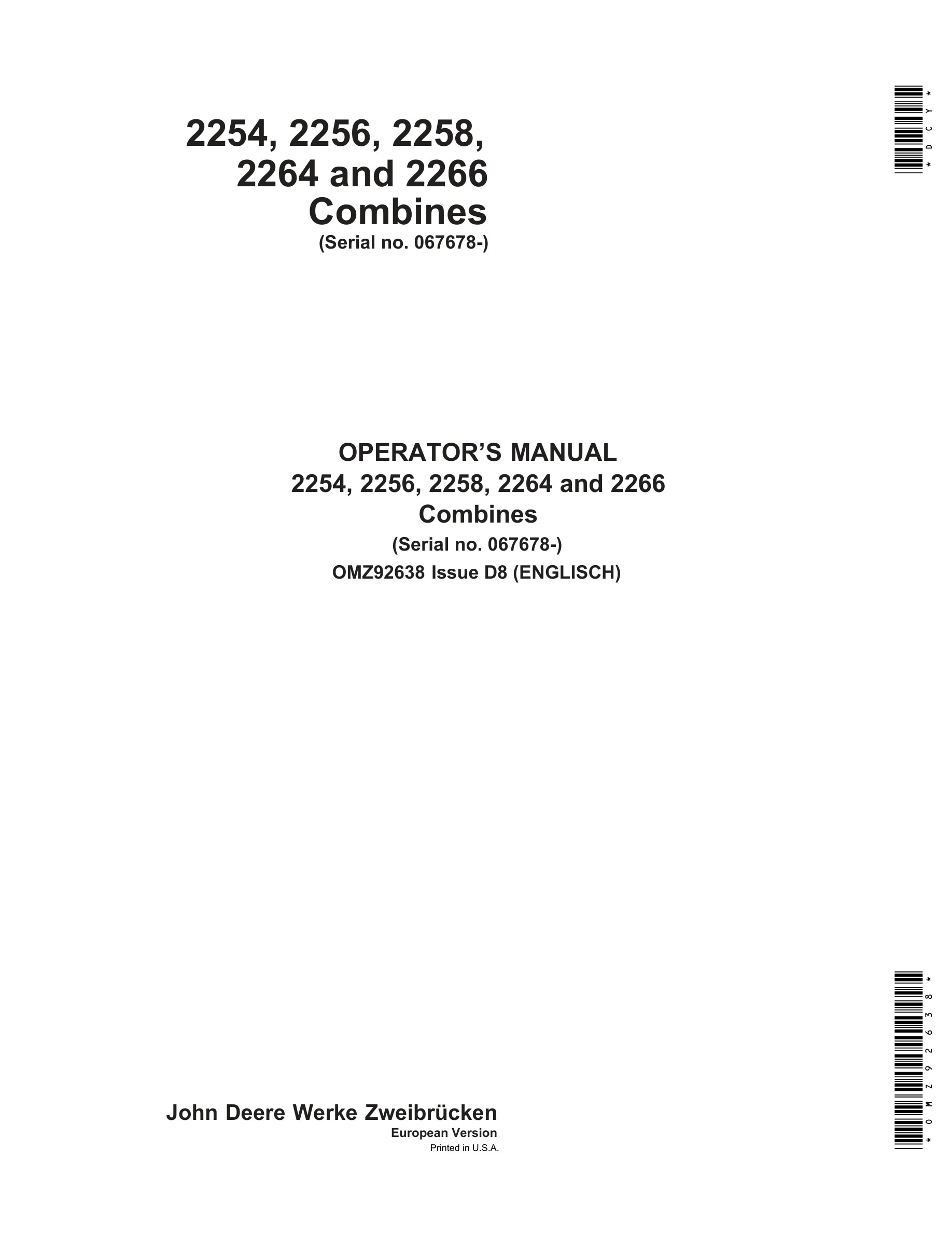 John Deere 2254, 2256, 2258, 2264 and 2266 Combine Operator Manual OMZ92638-1