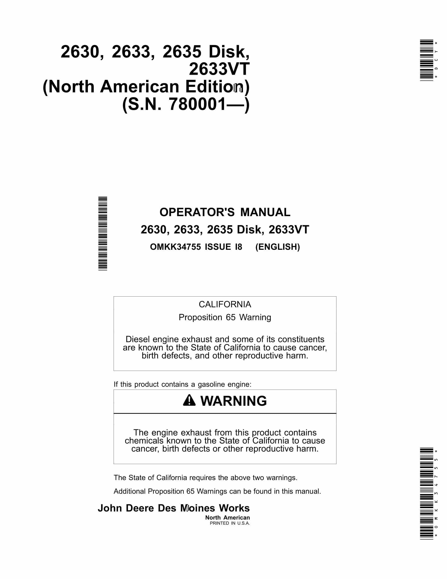 John Deere 2630, 2633, 2635, 2633VT Disk Operator Manual OMKK34755-1