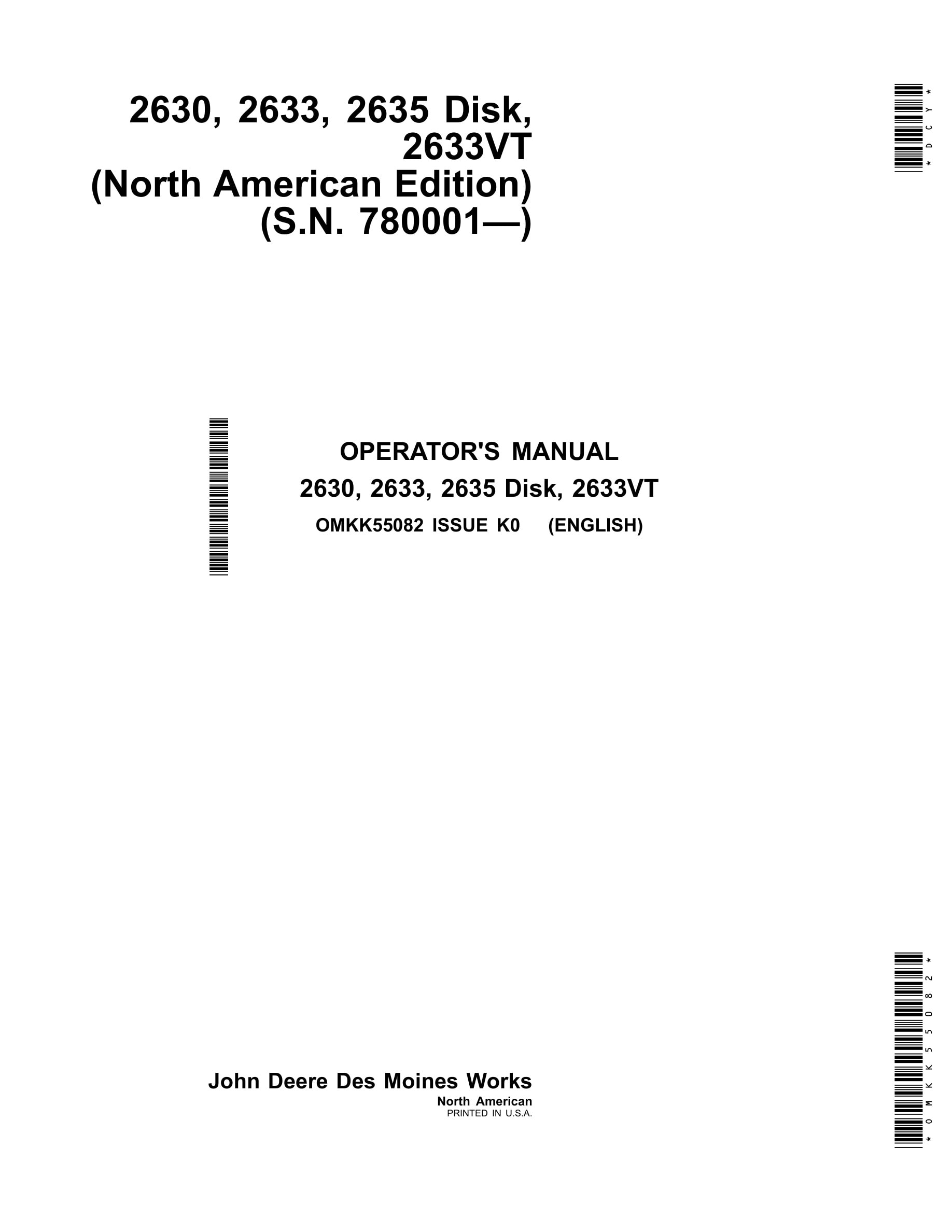 John Deere 2630, 2633, 2635, 2633VT Disk Operator Manual OMKK55082-1