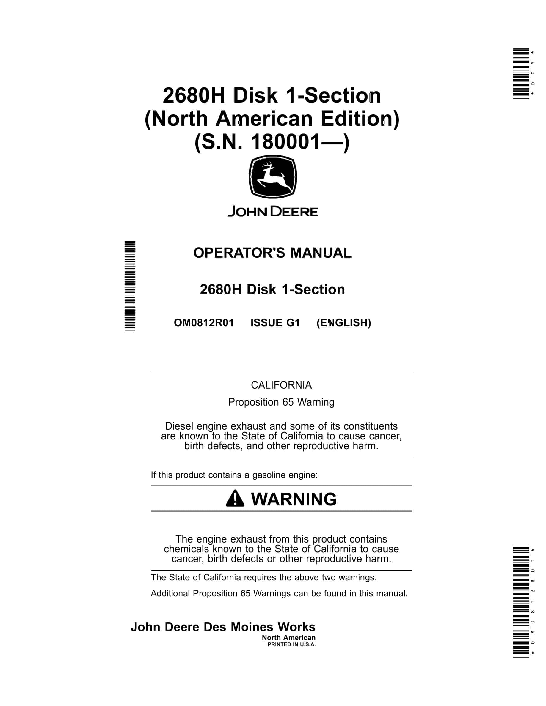 John Deere 2680H Disk 1-Section Operator Manual OM0812R01-1