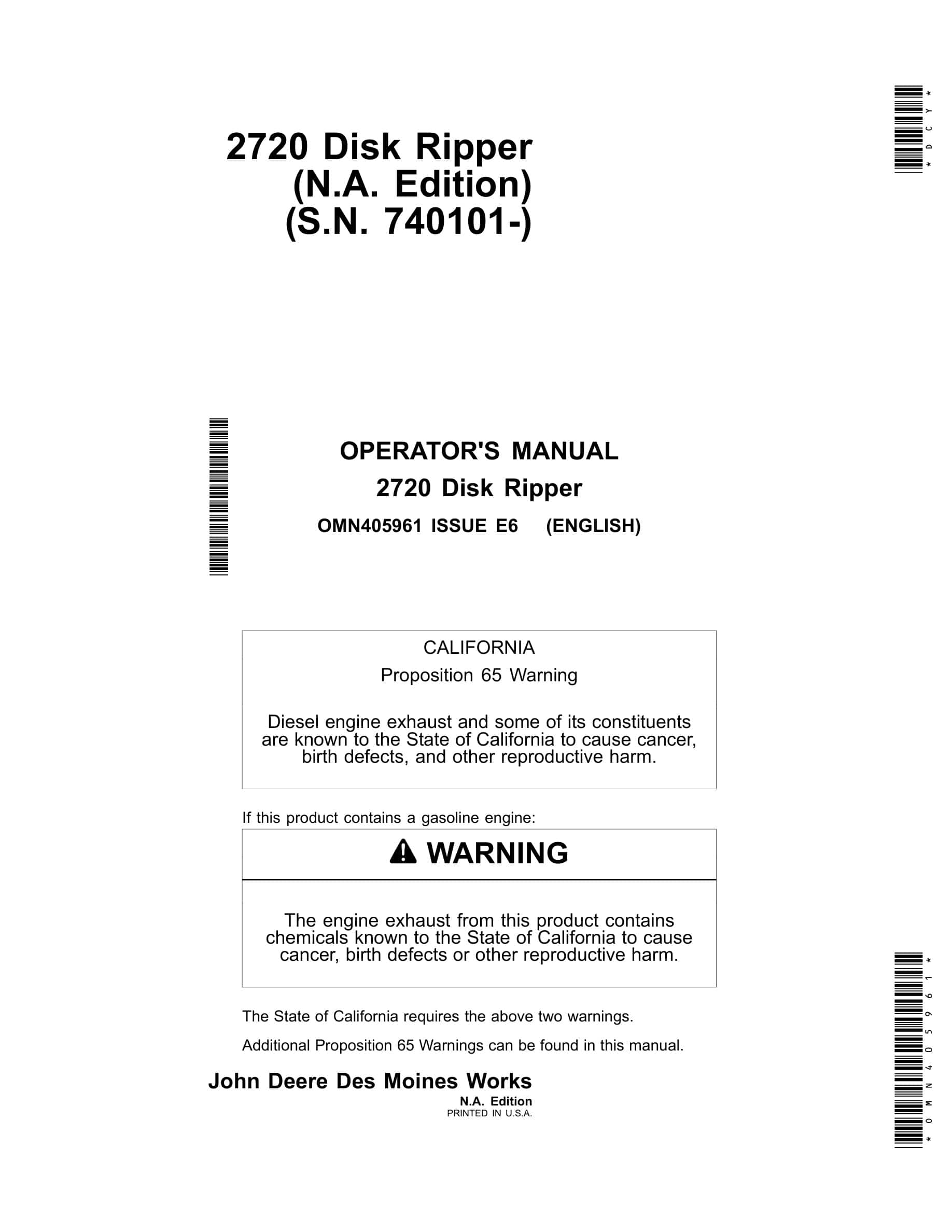 John Deere 2720 Disk Ripper Operator Manual OMN405961-1
