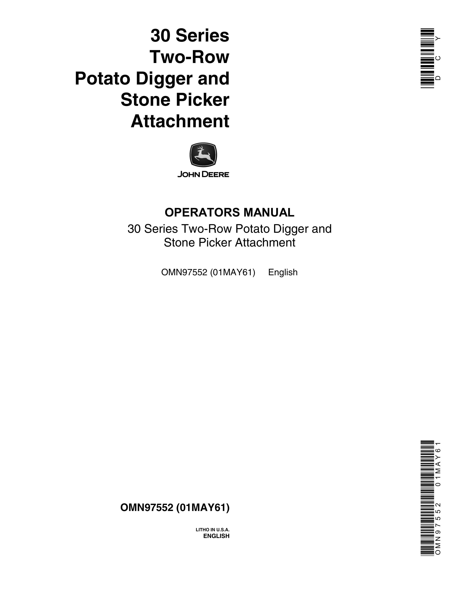 John Deere 30 Series Two-Row Potato Digger and Stone Picker Attachment Operator Manual OMN97552-1