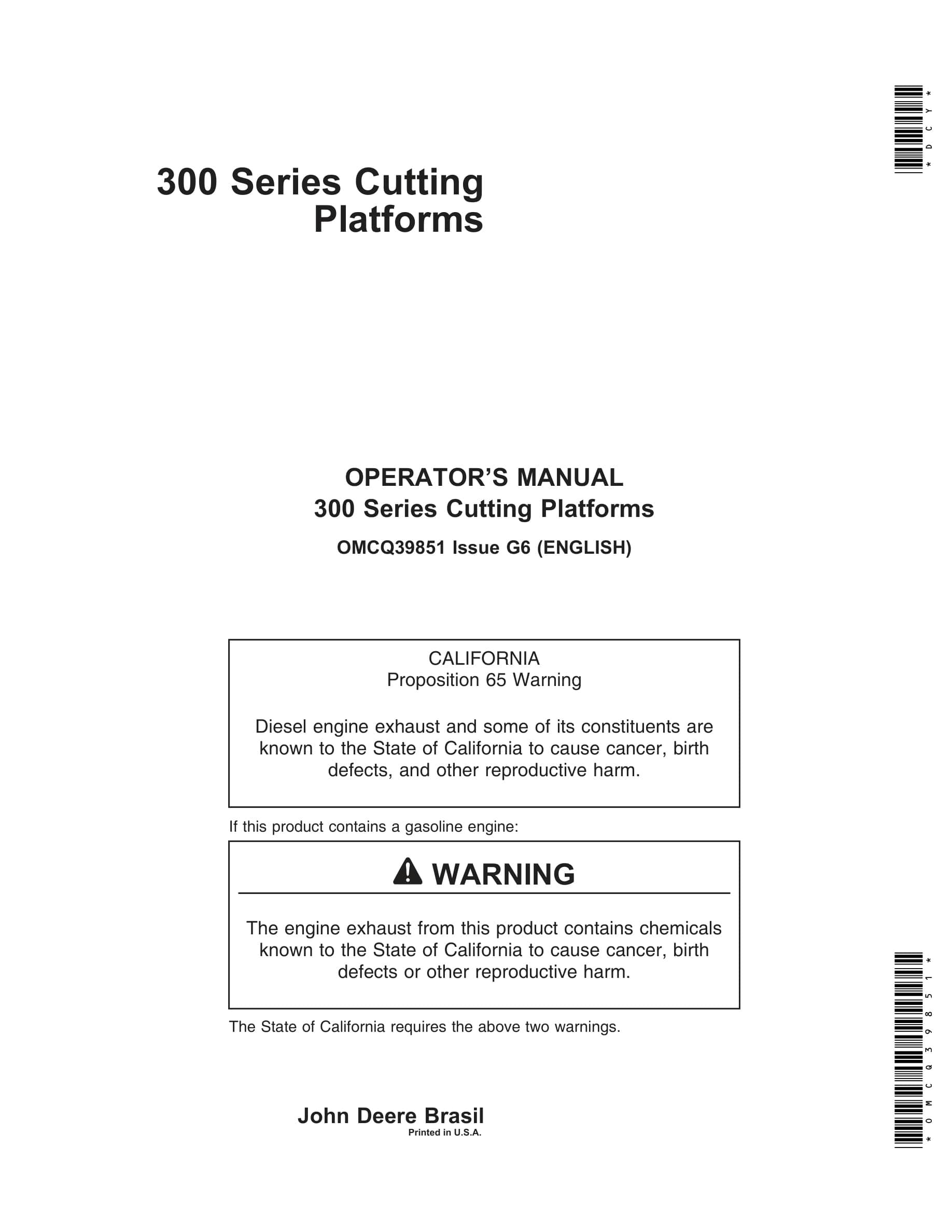John Deere 300 Series Cutting Platforms Operator Manual OMCQ39851-1