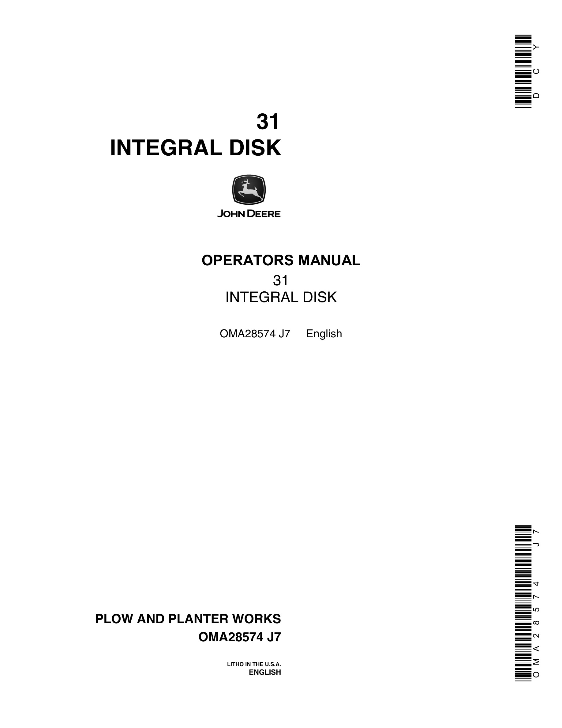 John Deere 31 INTEGRAL DISK Operator Manual OMA28574-1